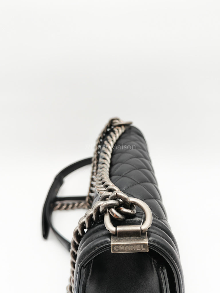 Boy Old Medium in Black Lambskin Ruthenium Hardware (Series 25) | Purse Maison Luxury Bags Shop