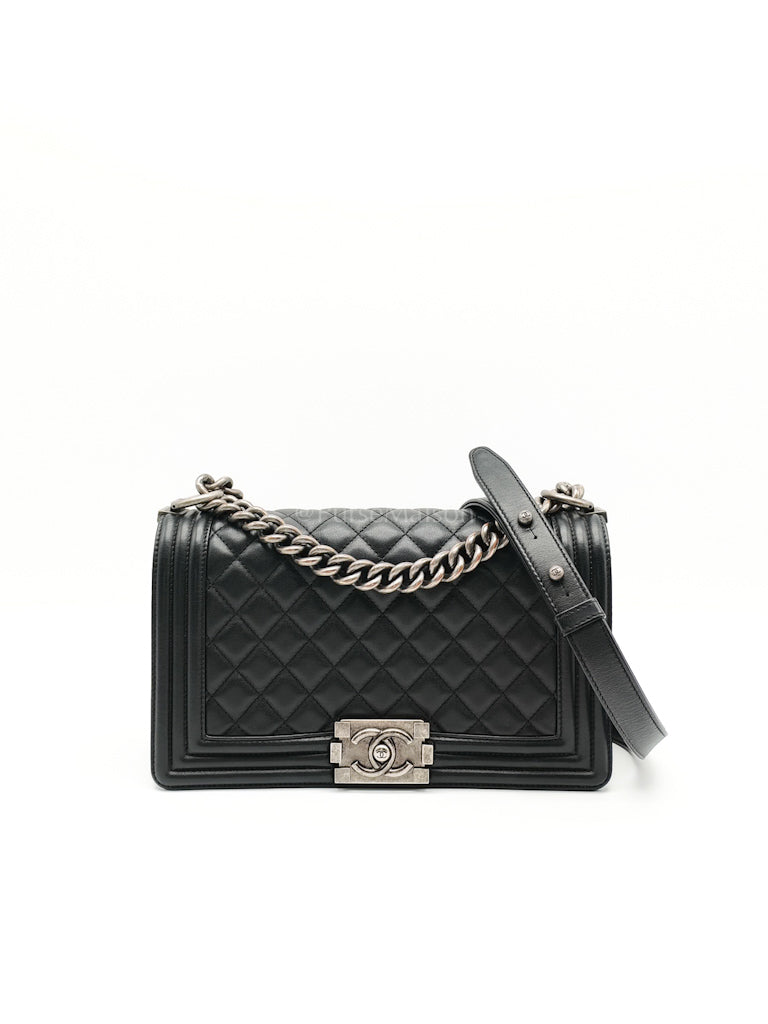 Boy Old Medium in Black Lambskin Ruthenium Hardware (Series 25) | Purse Maison Luxury Bags Shop