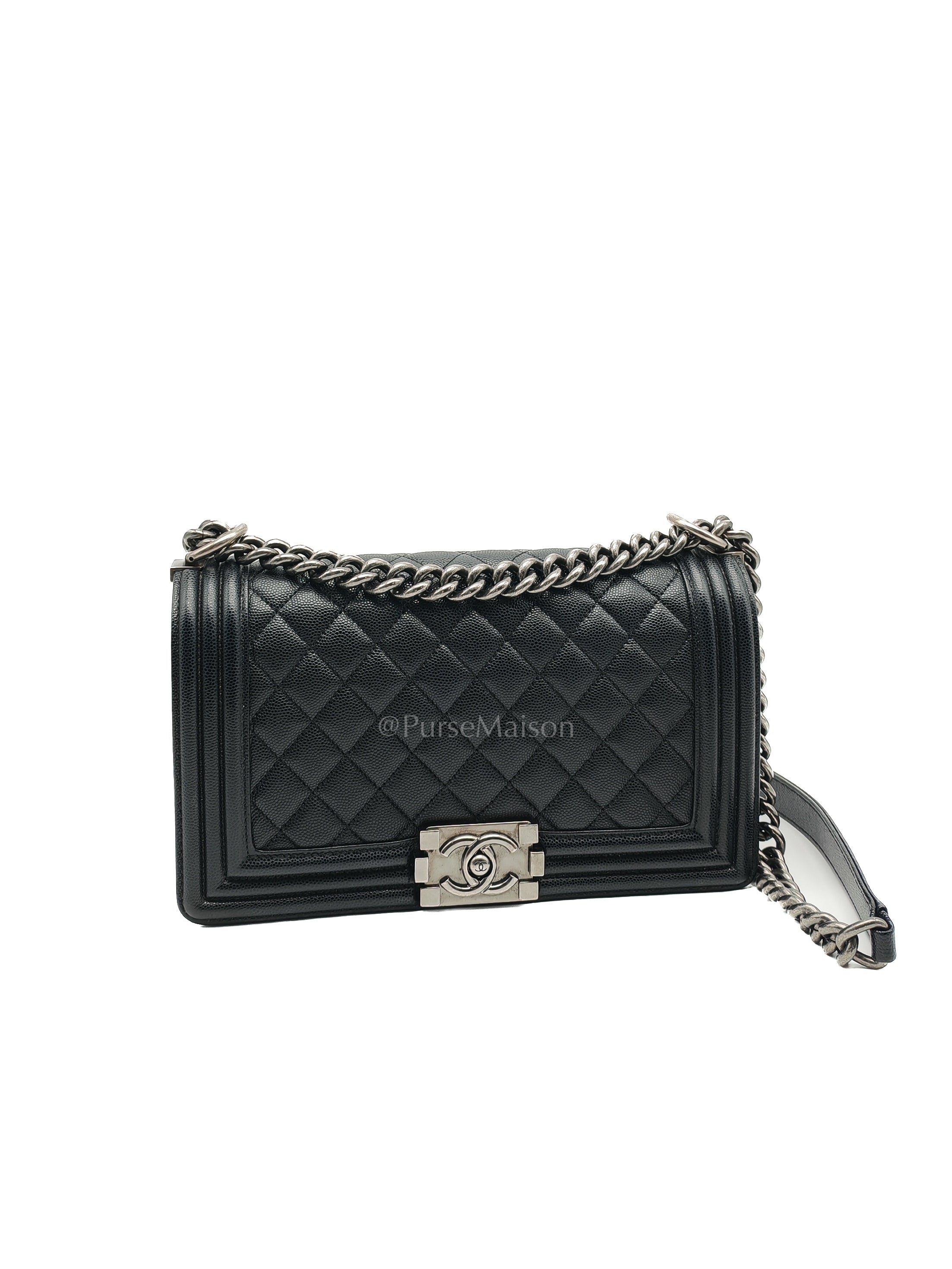 Boy Old Medium in Black Quilted Caviar Leather and Ruthenium Hardware (Microchip) | Purse Maison Luxury Bags Shop