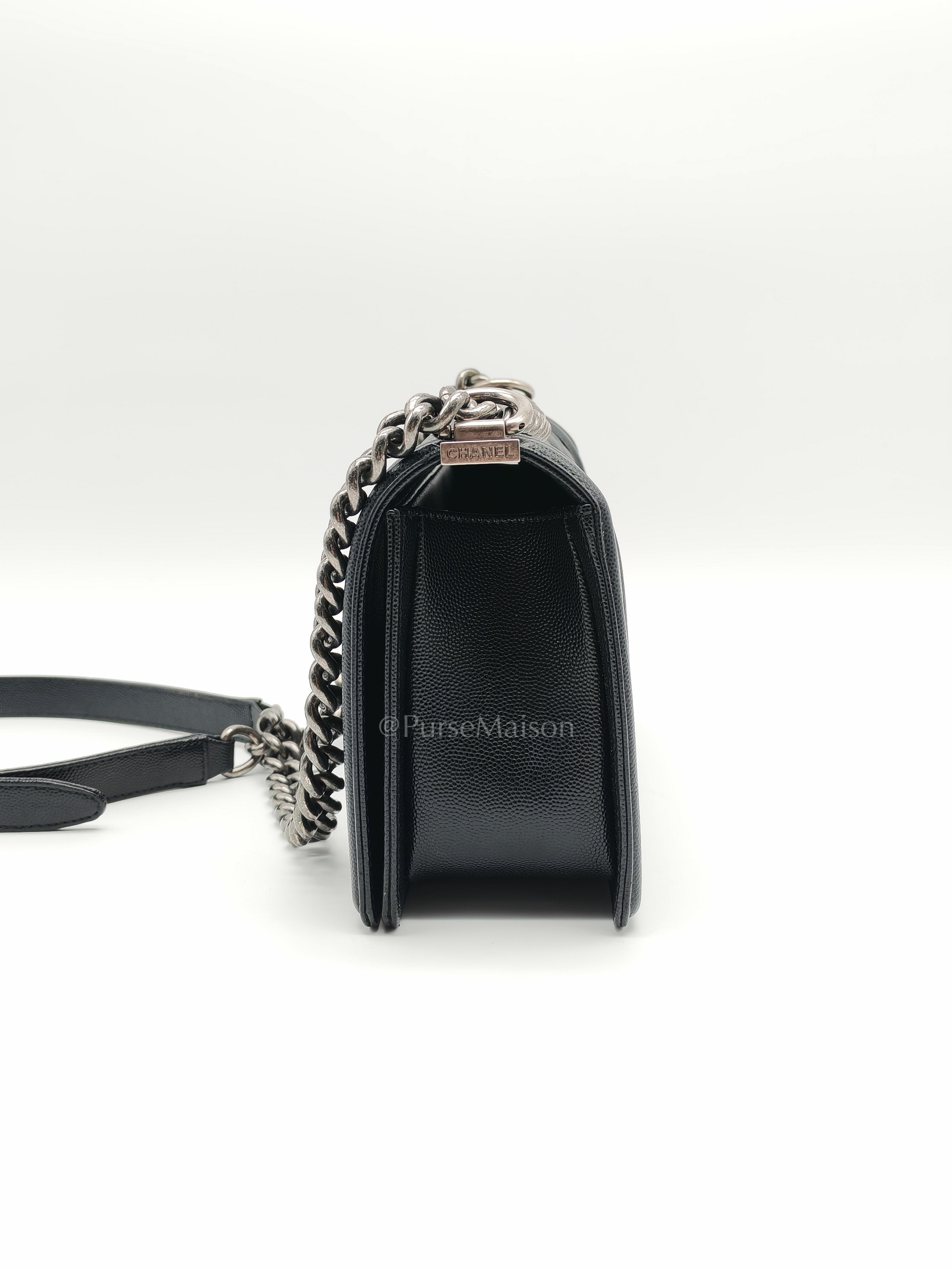 Boy Old Medium in Black Quilted Caviar Leather and Ruthenium Hardware (Microchip) | Purse Maison Luxury Bags Shop