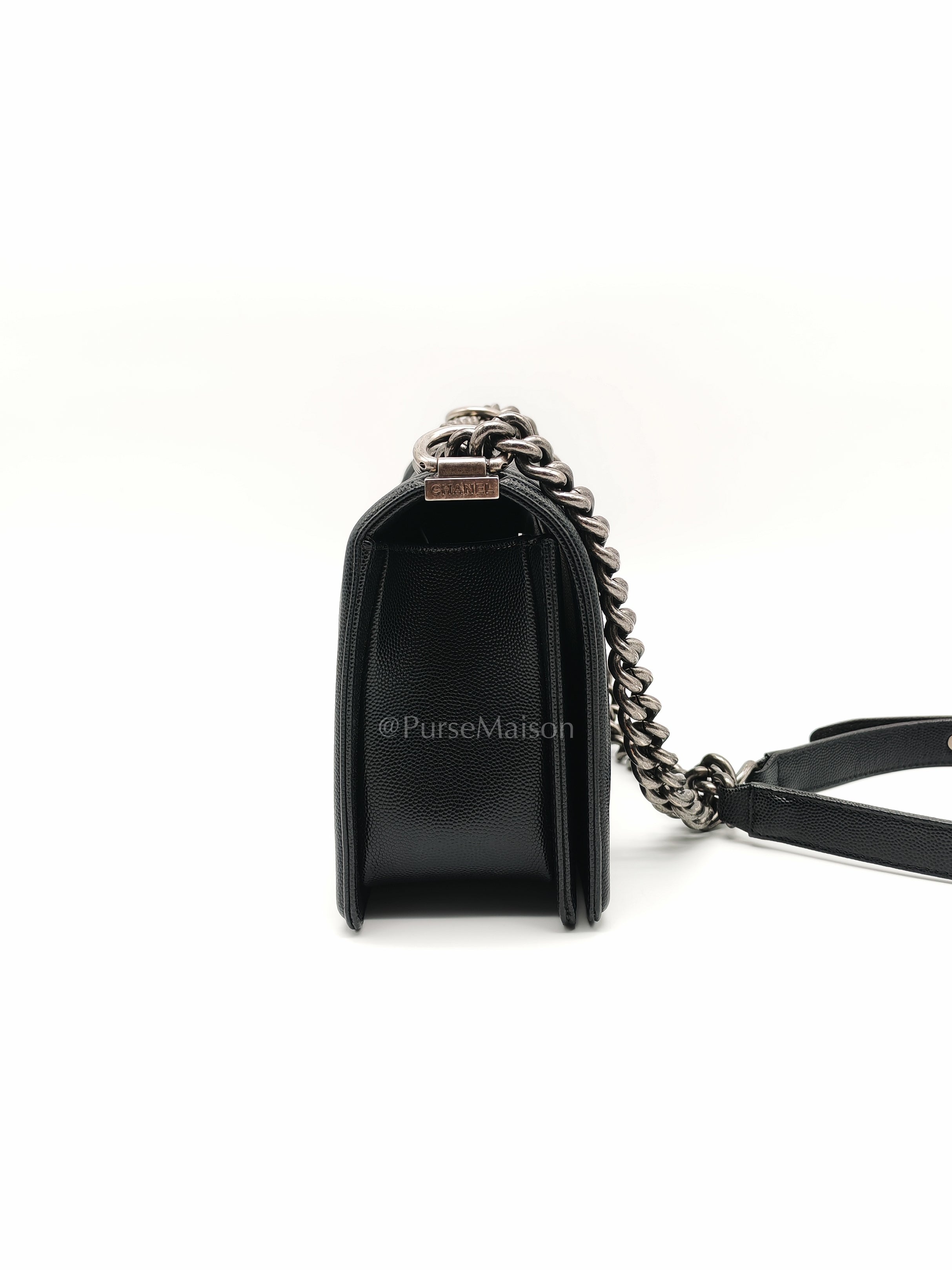 Boy Old Medium in Black Quilted Caviar Leather and Ruthenium Hardware (Microchip) | Purse Maison Luxury Bags Shop
