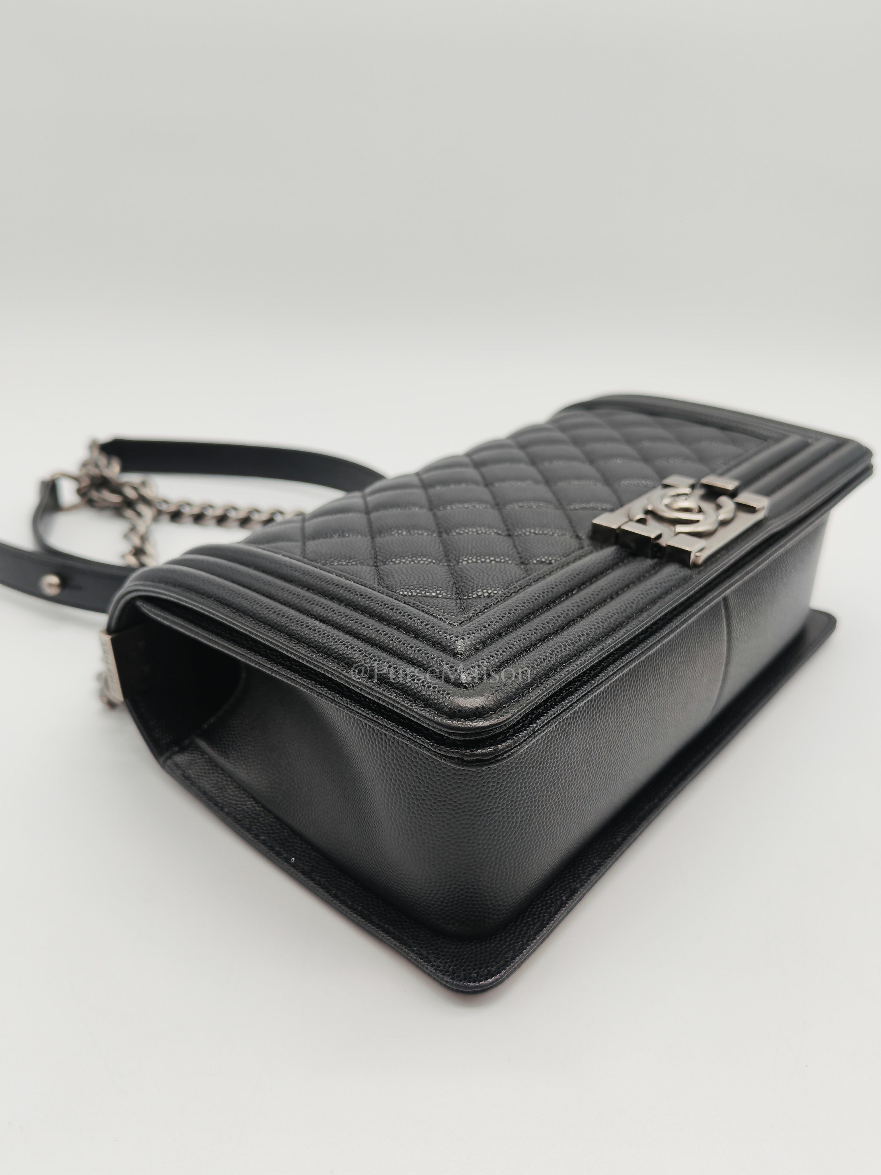 Boy Old Medium in Black Quilted Caviar Leather and Ruthenium Hardware (Microchip) | Purse Maison Luxury Bags Shop