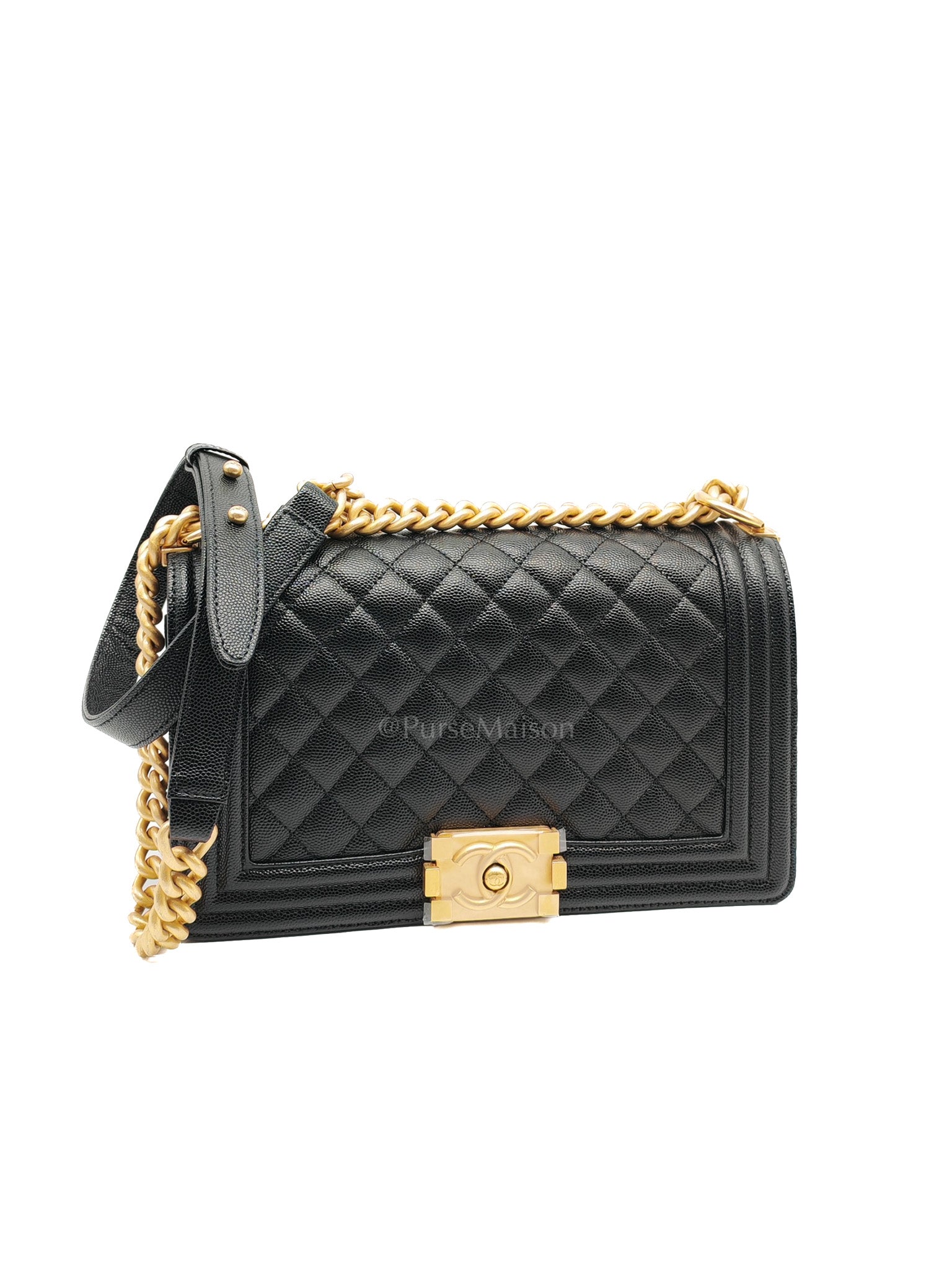 Boy Old Medium in Black Quilted Caviar Leather & Gold Hardware Microchip | Purse Maison Luxury Bags Shop