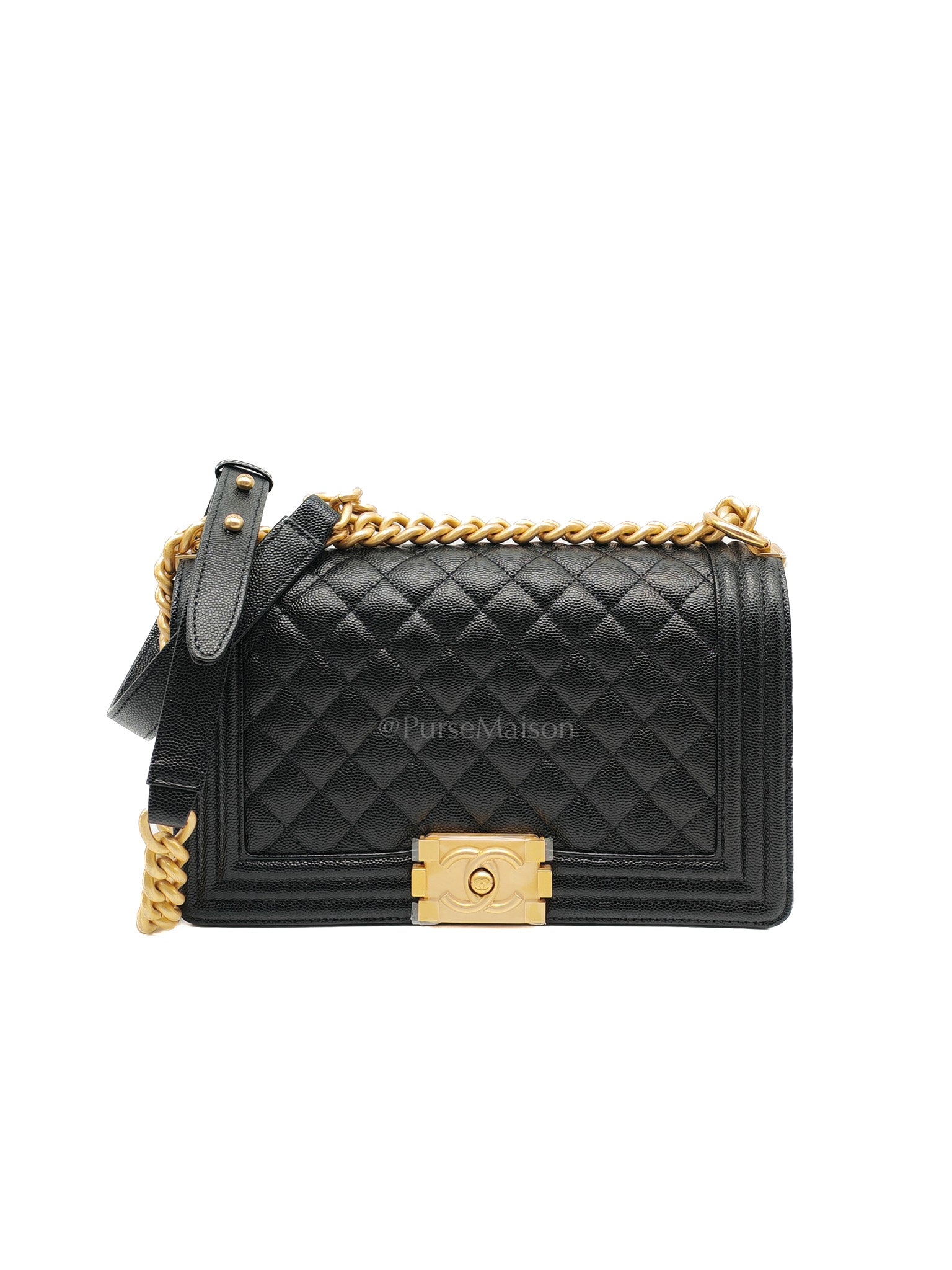 Boy Old Medium in Black Quilted Caviar Leather & Gold Hardware Microchip | Purse Maison Luxury Bags Shop