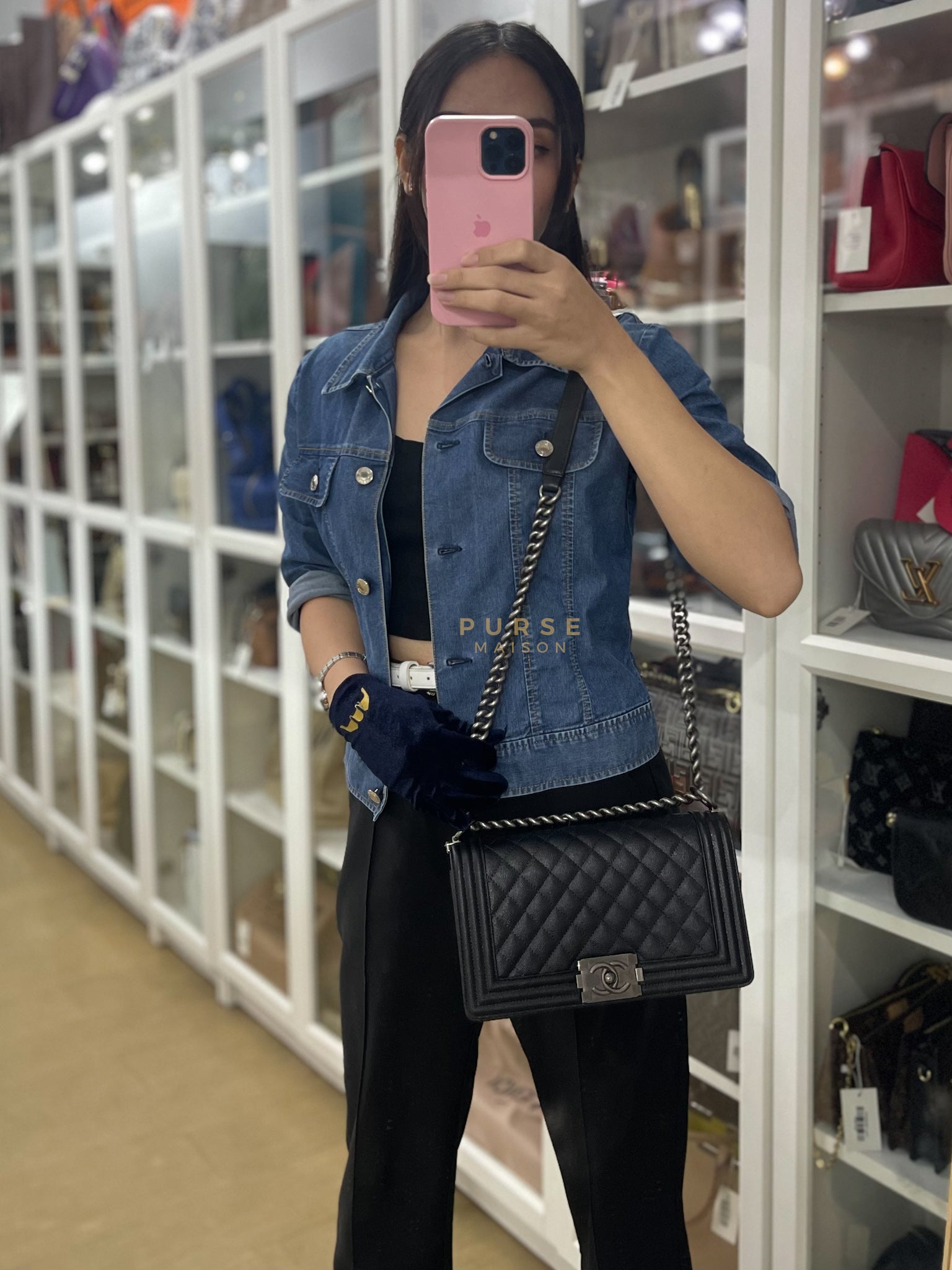 Boy Old Medium in Black Caviar Leather Ruthenium Hardware (Microchip) | Purse Maison Luxury Bags Shop