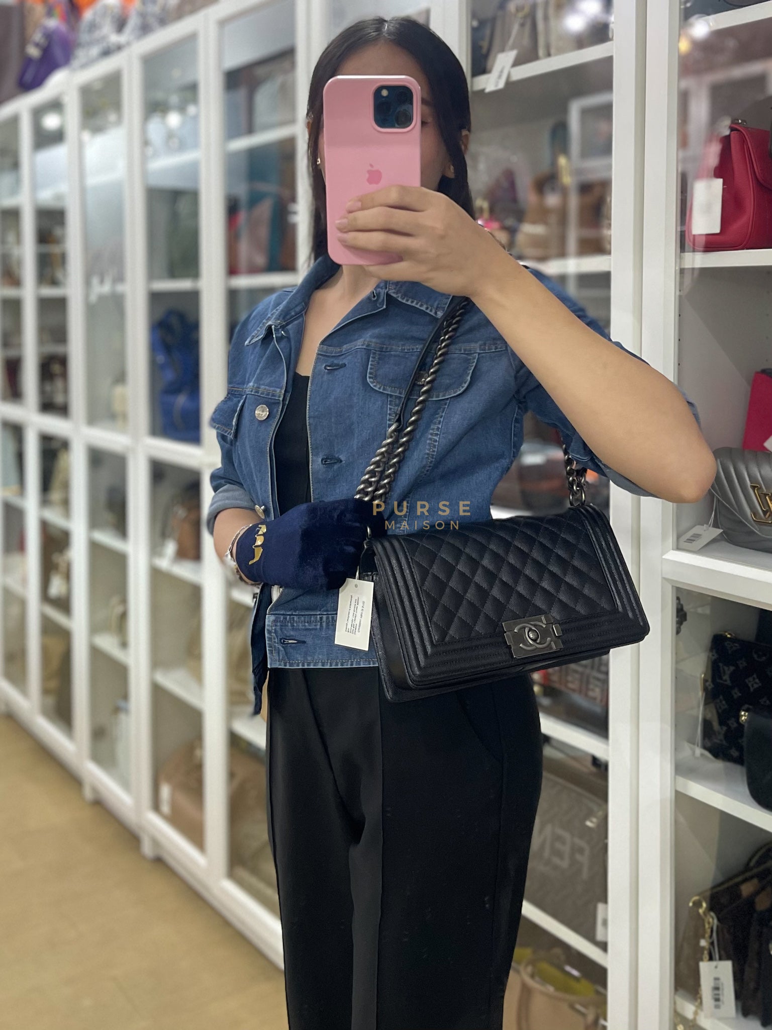 Boy Old Medium in Black Caviar Leather Ruthenium Hardware (Microchip) | Purse Maison Luxury Bags Shop