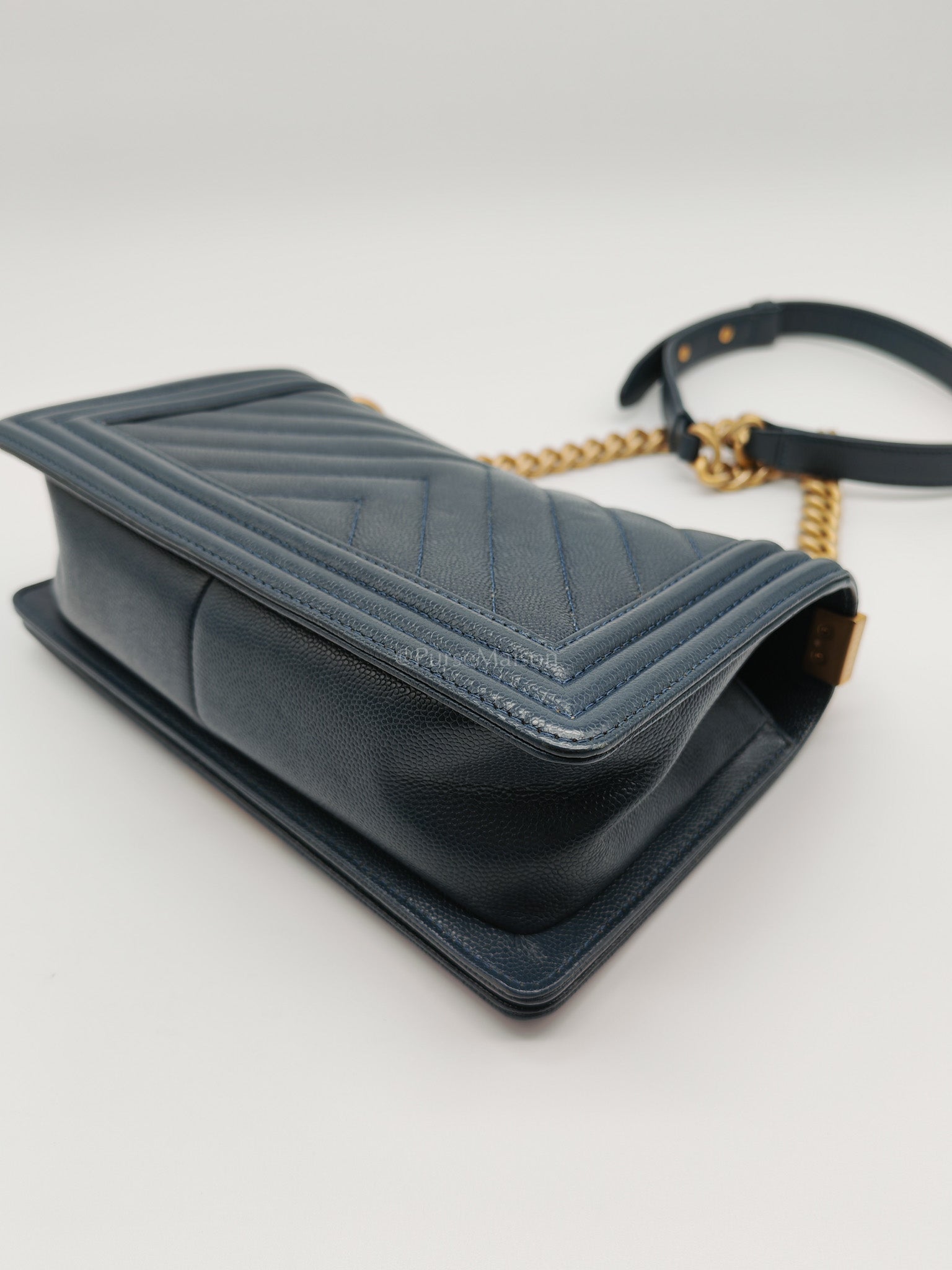 Boy Old Medium in Blue Gray Chevron Caviar Leather and Aged Gold Hardware Series 25 | Purse Maison Luxury Bags Shop