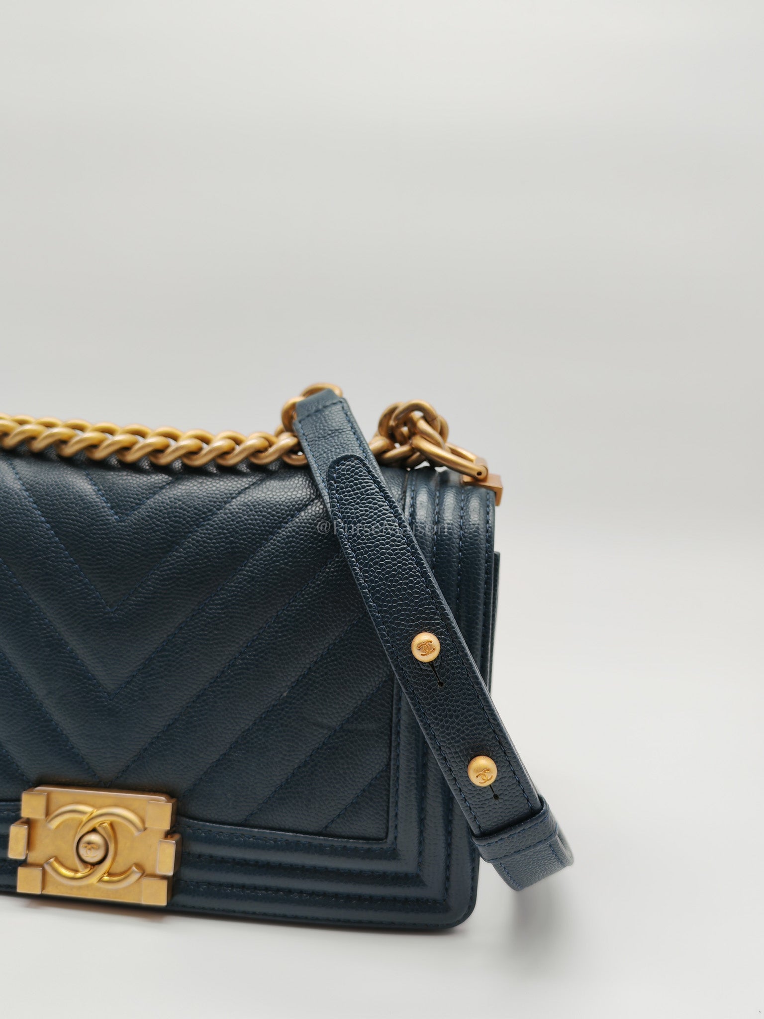 Boy Old Medium in Blue Gray Chevron Caviar Leather and Aged Gold Hardware Series 25 | Purse Maison Luxury Bags Shop