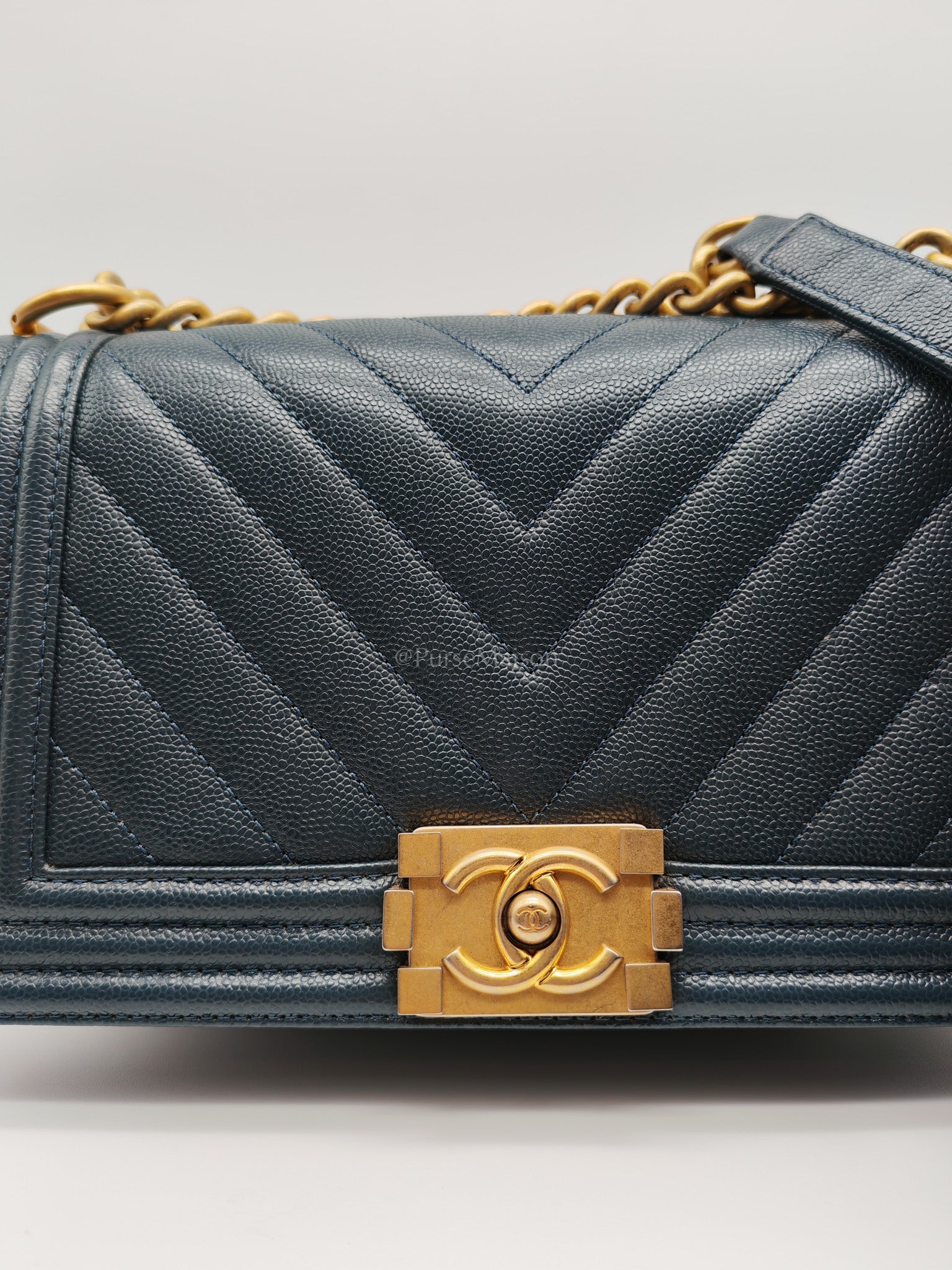 Boy Old Medium in Blue Gray Chevron Caviar Leather and Aged Gold Hardware Series 25 | Purse Maison Luxury Bags Shop