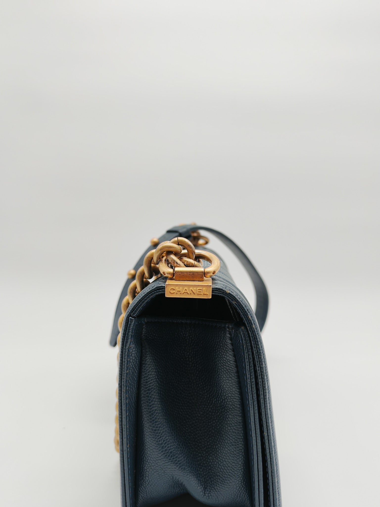 Boy Old Medium in Blue Gray Chevron Caviar Leather and Aged Gold Hardware Series 25 | Purse Maison Luxury Bags Shop