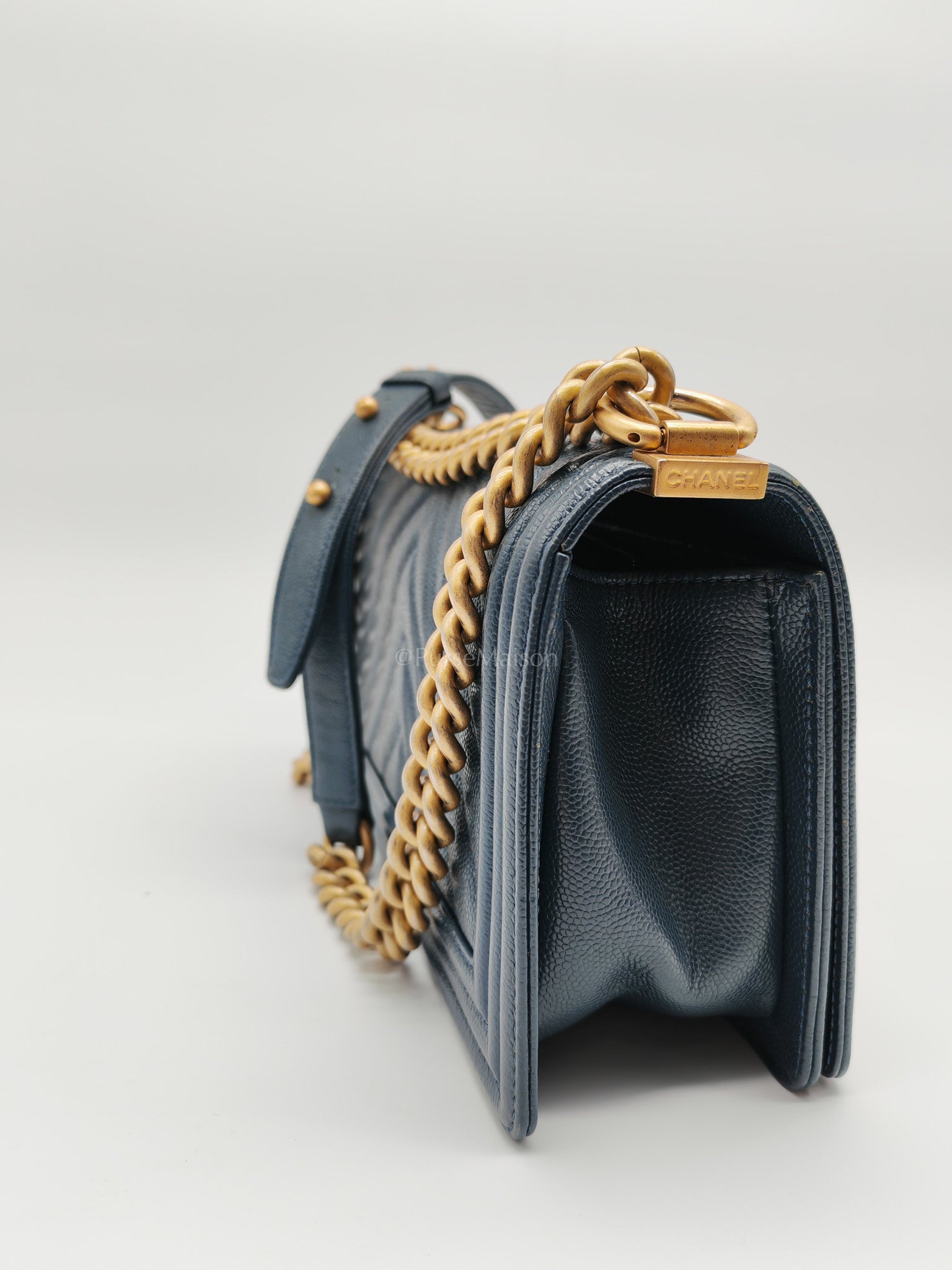 Boy Old Medium in Blue Gray Chevron Caviar Leather and Aged Gold Hardware Series 25 | Purse Maison Luxury Bags Shop