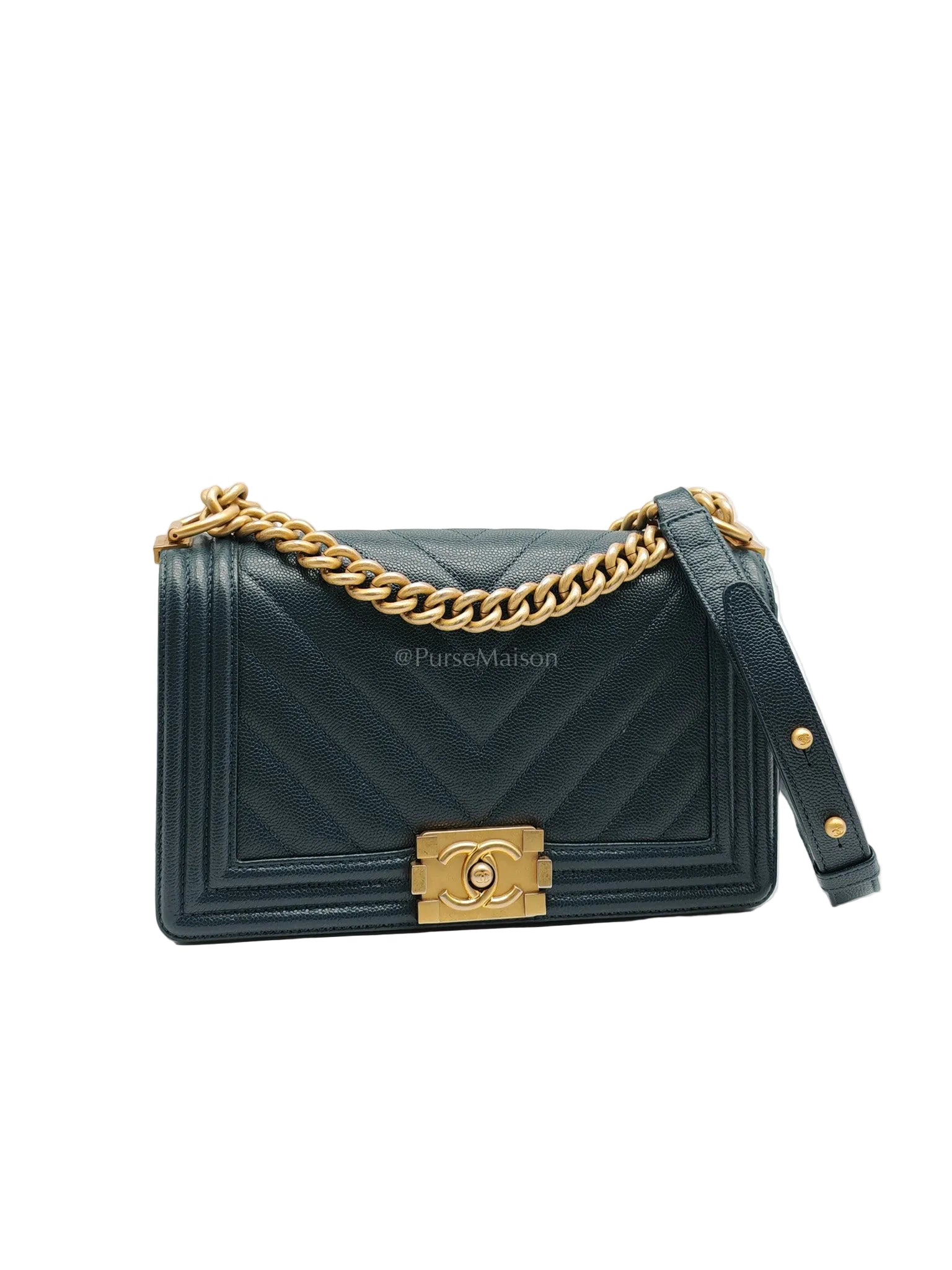 Boy Old Medium in Blue Gray Chevron Caviar Leather and Aged Gold Hardware Series 25 | Purse Maison Luxury Bags Shop