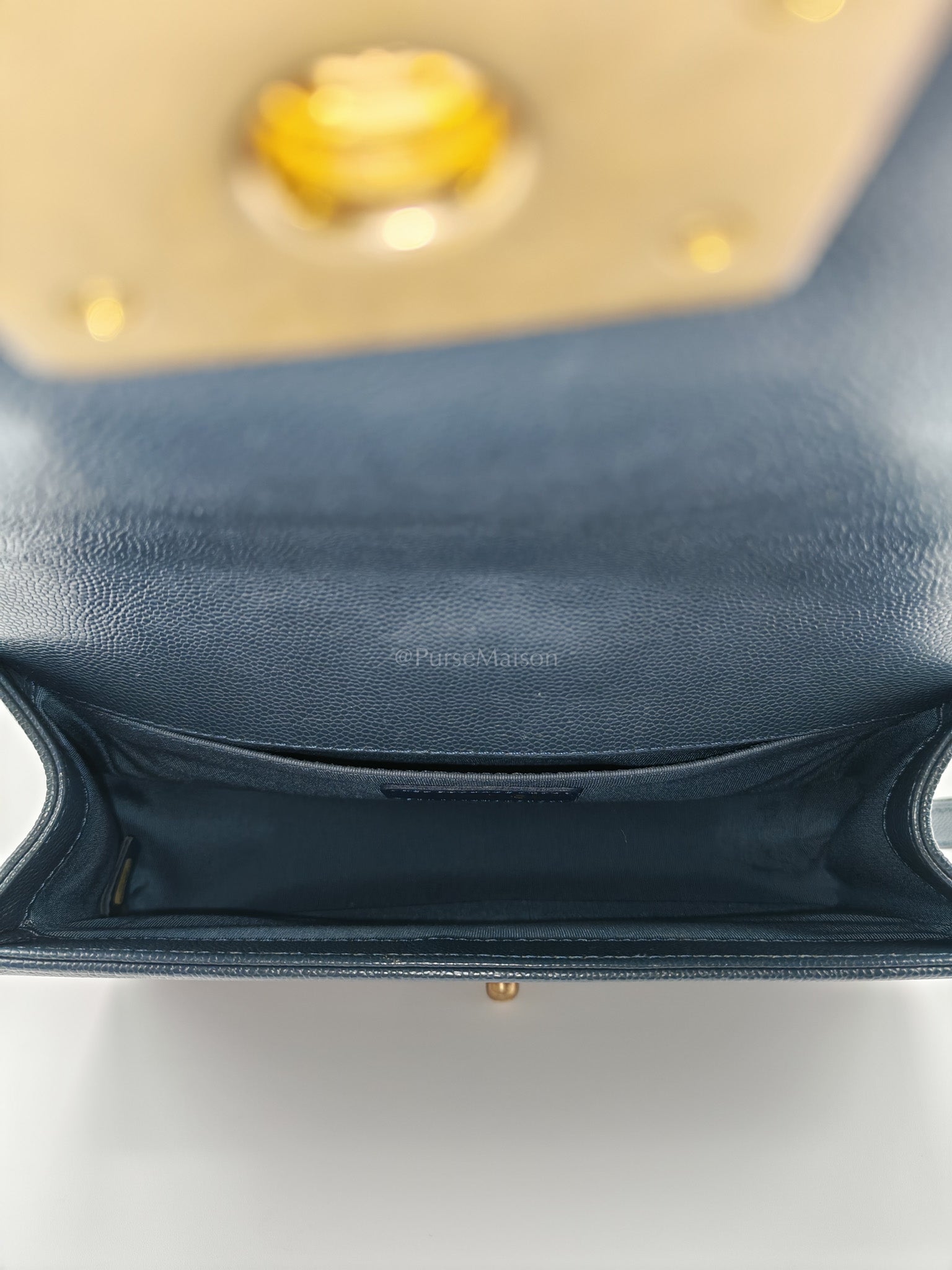 Boy Old Medium in Blue Gray Chevron Caviar Leather and Aged Gold Hardware Series 25 | Purse Maison Luxury Bags Shop