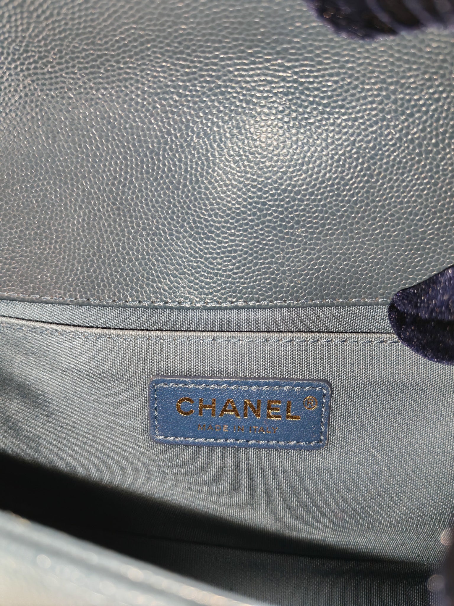 Boy Old Medium in Blue Gray Chevron Caviar Leather and Aged Gold Hardware Series 25 | Purse Maison Luxury Bags Shop