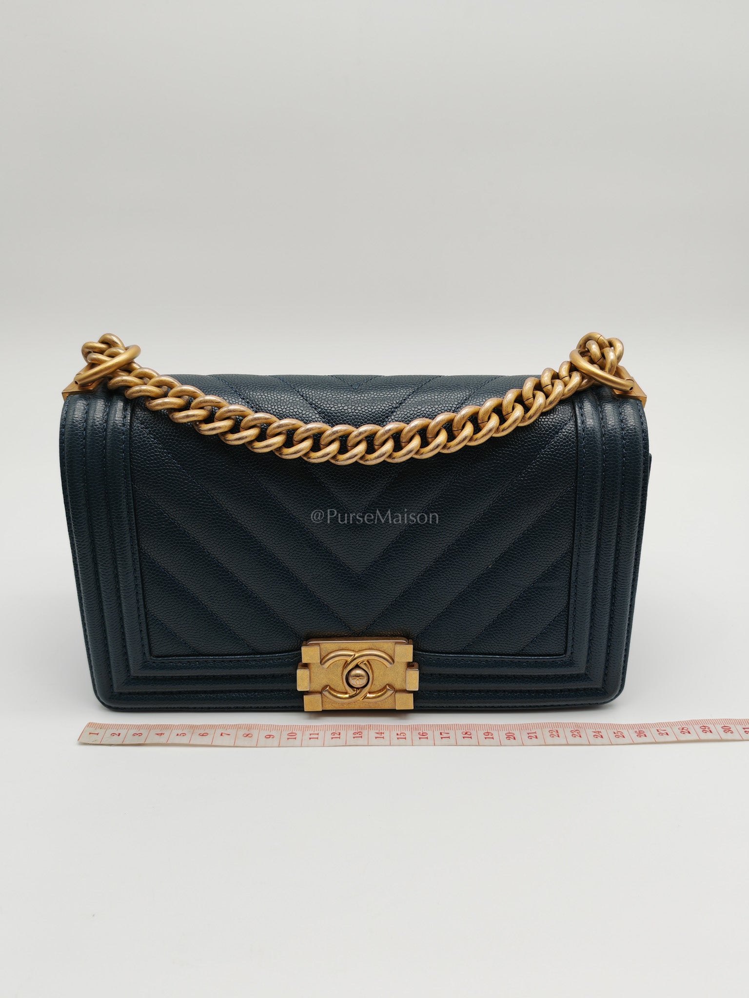 Boy Old Medium in Blue Gray Chevron Caviar Leather and Aged Gold Hardware Series 25 | Purse Maison Luxury Bags Shop