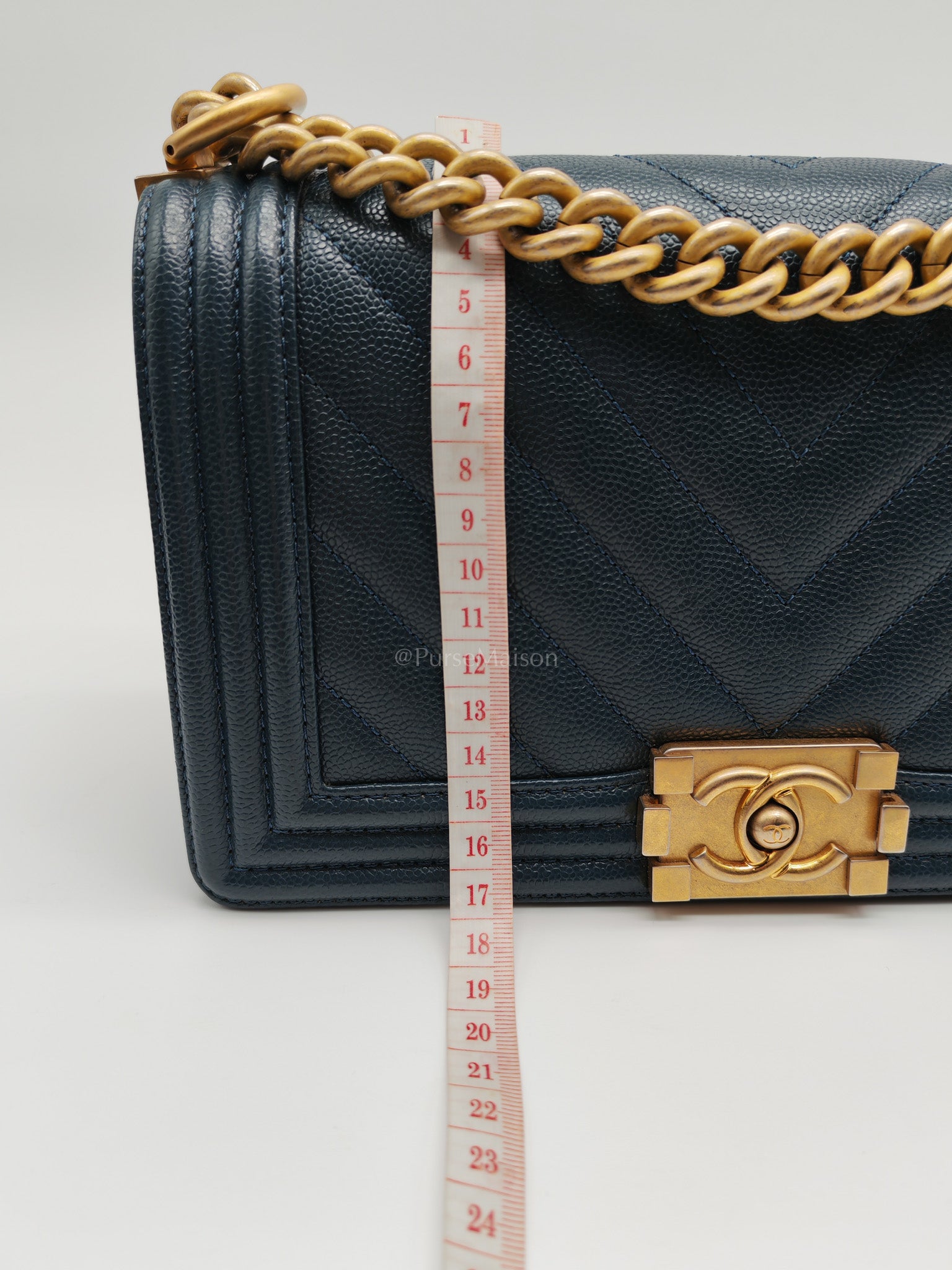 Boy Old Medium in Blue Gray Chevron Caviar Leather and Aged Gold Hardware Series 25 | Purse Maison Luxury Bags Shop