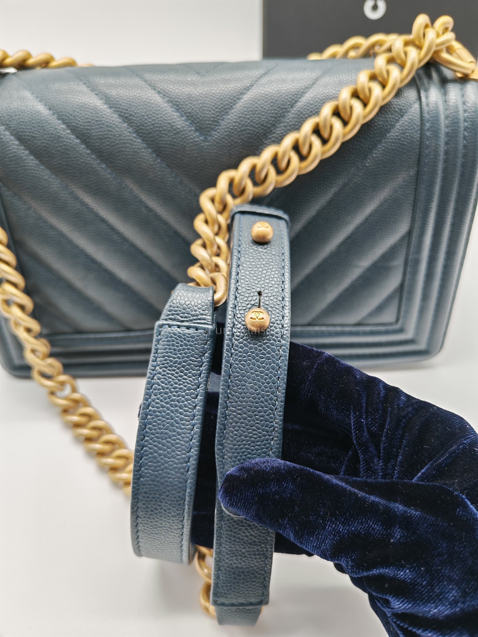 Boy Old Medium in Blue Gray Chevron Caviar Leather and Aged Gold Hardware Series 25 | Purse Maison Luxury Bags Shop