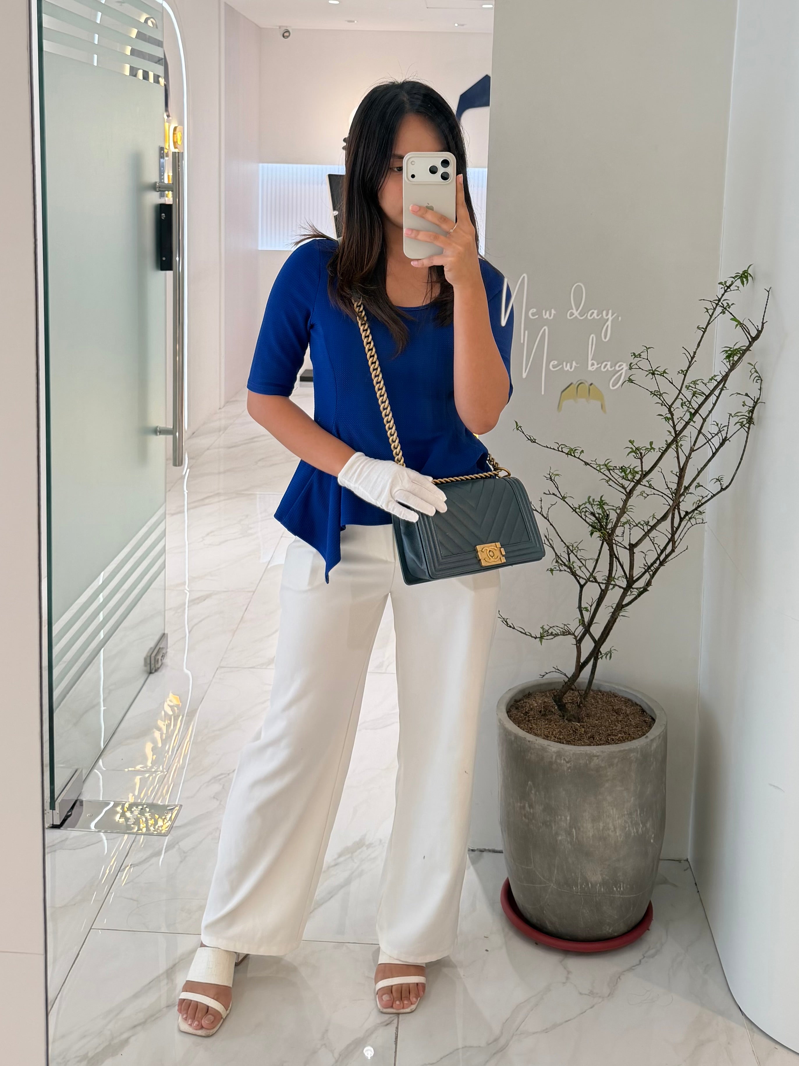 Boy Old Medium in Blue Gray Chevron Caviar Leather and Aged Gold Hardware Series 25 | Purse Maison Luxury Bags Shop