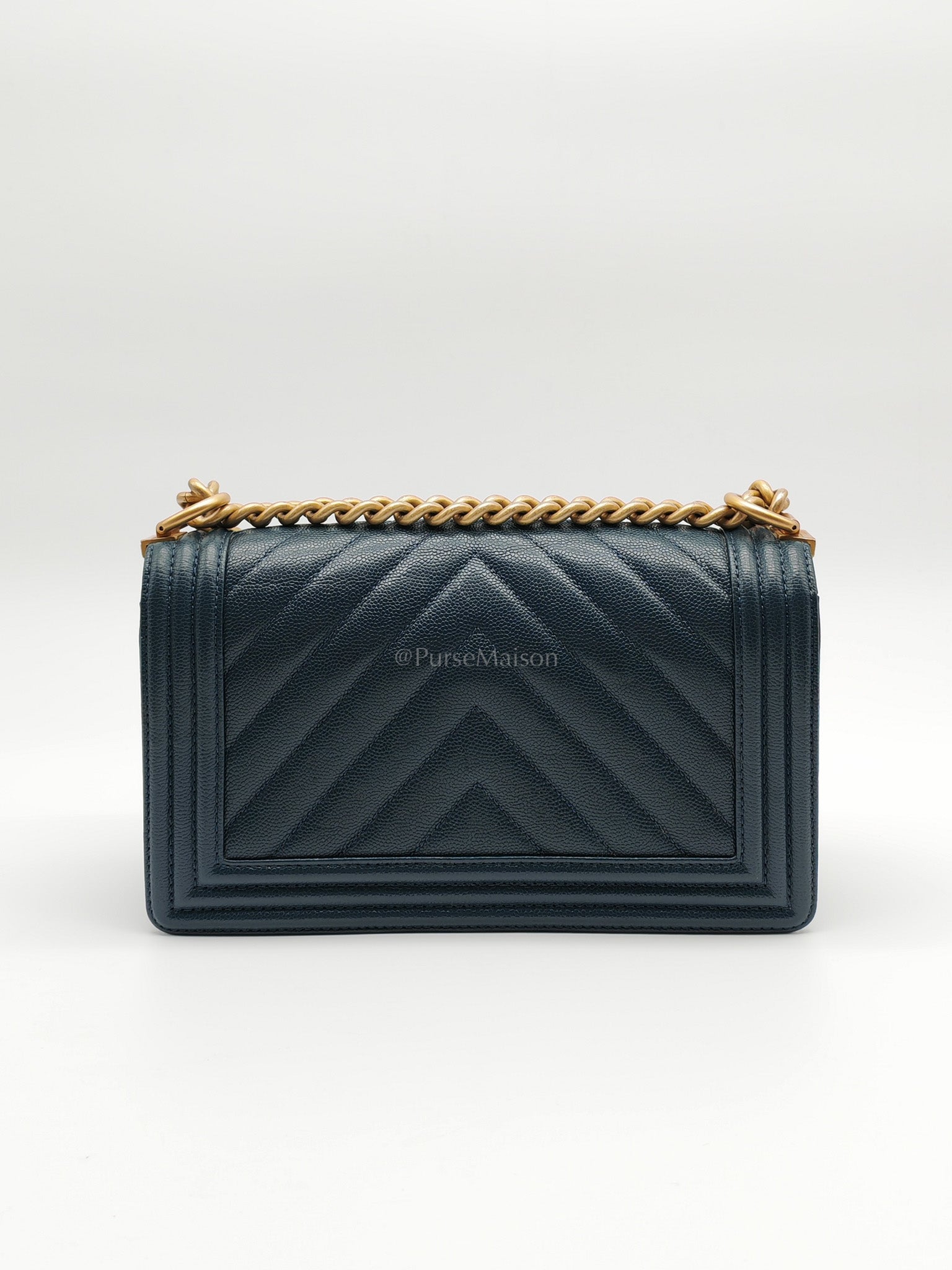 Boy Old Medium in Blue Gray Chevron Caviar Leather and Aged Gold Hardware Series 25 | Purse Maison Luxury Bags Shop