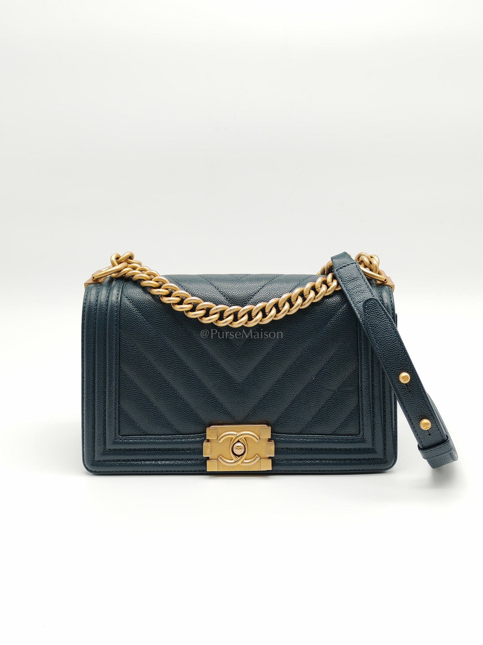Boy Old Medium in Blue Gray Chevron Caviar Leather and Aged Gold Hardware Series 25 | Purse Maison Luxury Bags Shop