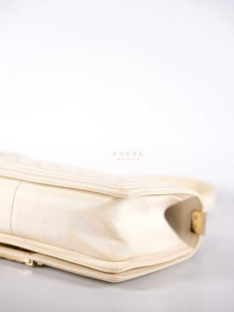 Boy Old Medium in Cream Caviar Leather and Light Gold Hardware Series 27 | Purse Maison Luxury Bags Shop