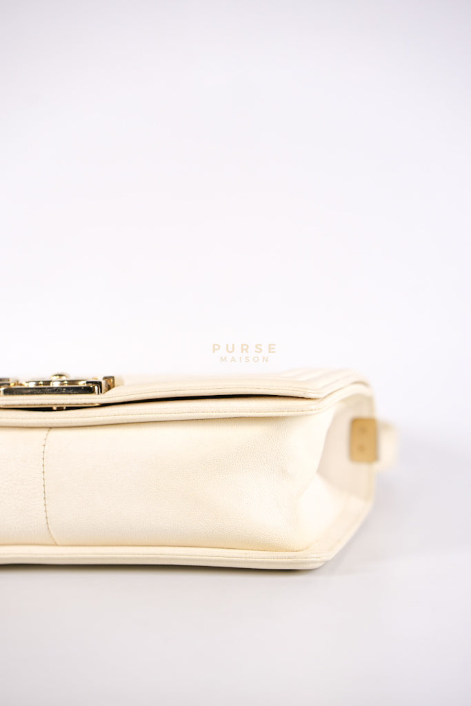 Boy Old Medium in Cream Caviar Leather and Light Gold Hardware Series 27 | Purse Maison Luxury Bags Shop