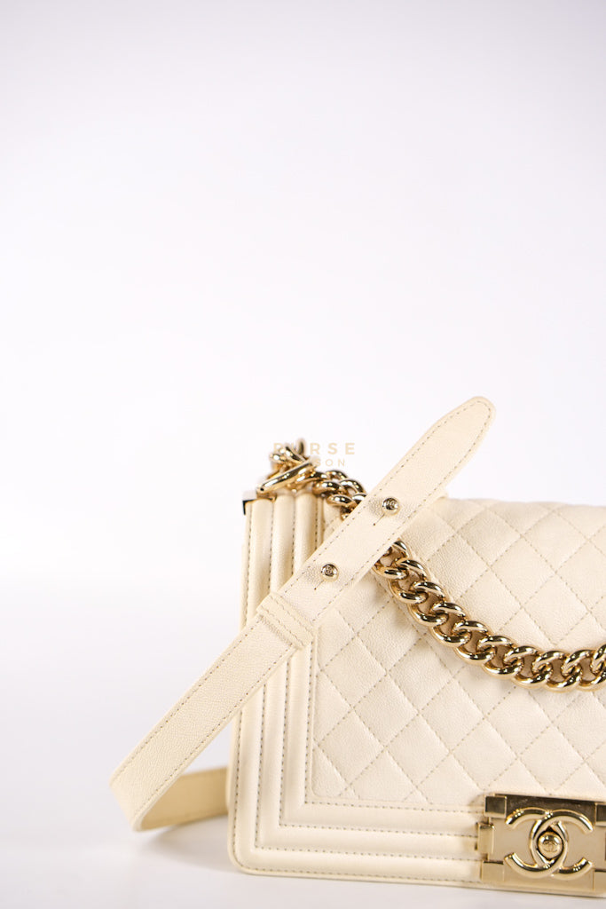 Boy Old Medium in Cream Caviar Leather and Light Gold Hardware Series 27 | Purse Maison Luxury Bags Shop
