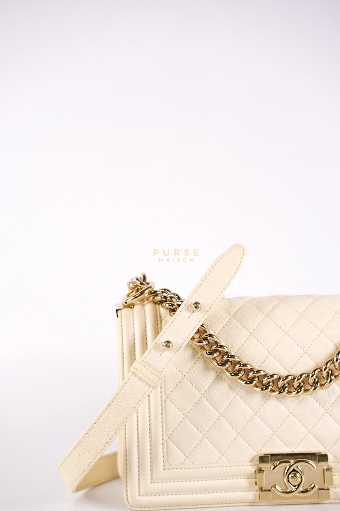 Boy Old Medium in Cream Caviar Leather and Light Gold Hardware Series 27 | Purse Maison Luxury Bags Shop