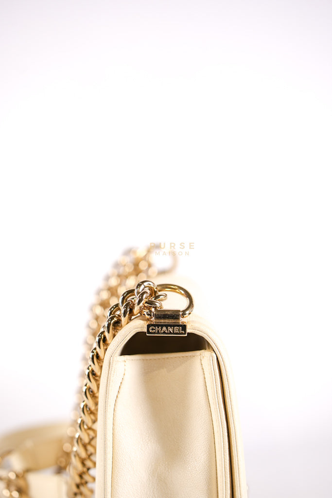 Boy Old Medium in Cream Caviar Leather and Light Gold Hardware Series 27 | Purse Maison Luxury Bags Shop