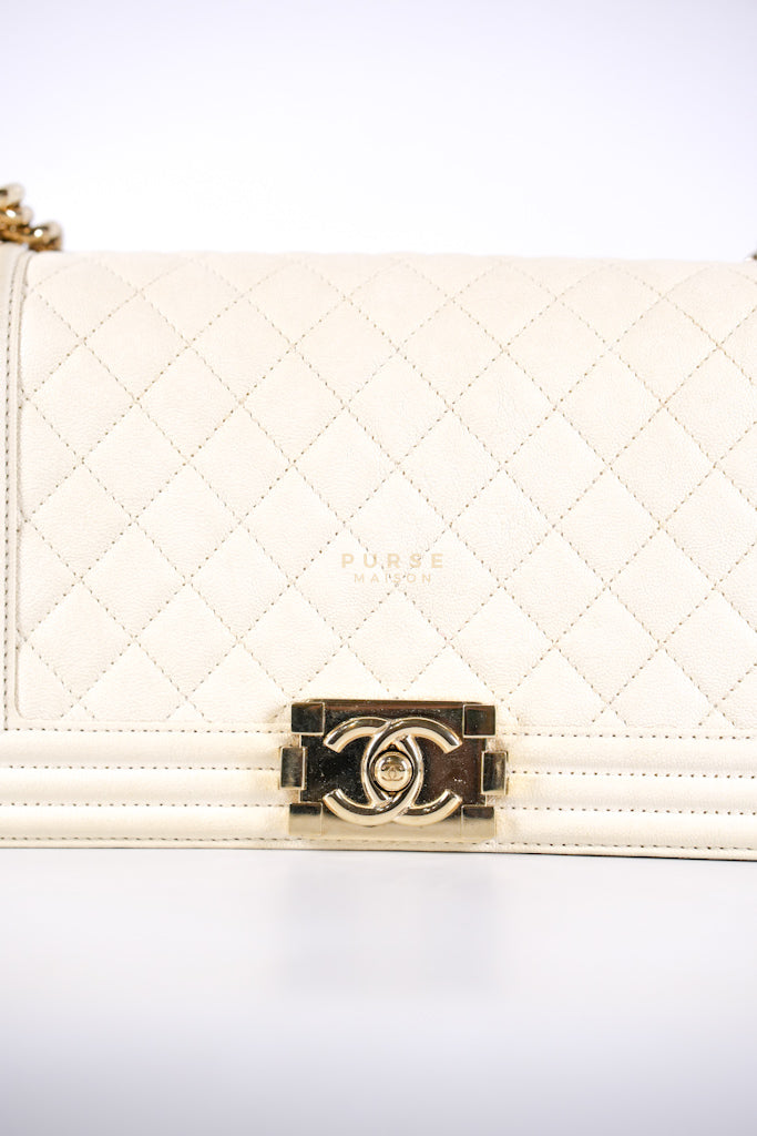 Boy Old Medium in Cream Caviar Leather and Light Gold Hardware Series 27 | Purse Maison Luxury Bags Shop