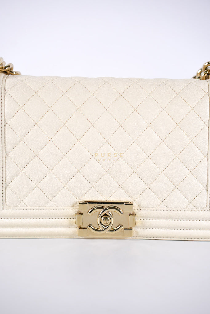 Boy Old Medium in Cream Caviar Leather and Light Gold Hardware Series 27 | Purse Maison Luxury Bags Shop