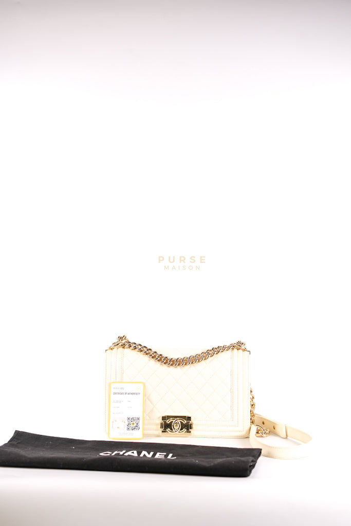 Boy Old Medium in Cream Caviar Leather and Light Gold Hardware Series 27 | Purse Maison Luxury Bags Shop