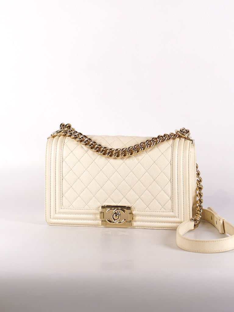 Boy Old Medium in Cream Caviar Leather and Light Gold Hardware Series 27 | Purse Maison Luxury Bags Shop