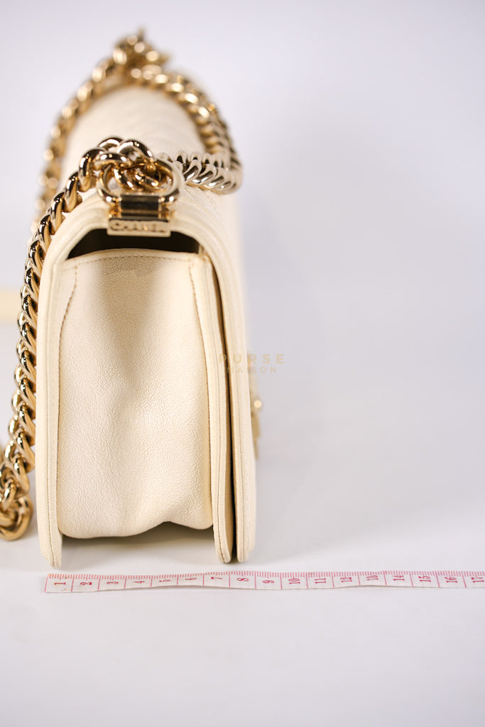 Boy Old Medium in Cream Caviar Leather and Light Gold Hardware Series 27 | Purse Maison Luxury Bags Shop