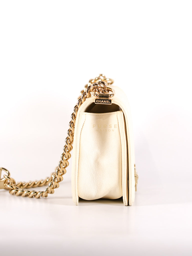 Boy Old Medium in Cream Caviar Leather and Light Gold Hardware Series 27 | Purse Maison Luxury Bags Shop