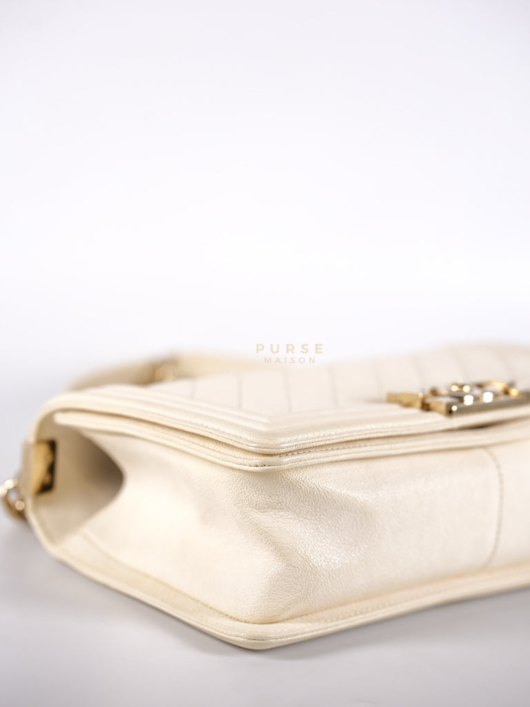 Boy Old Medium in Cream Caviar Leather and Light Gold Hardware Series 27 | Purse Maison Luxury Bags Shop