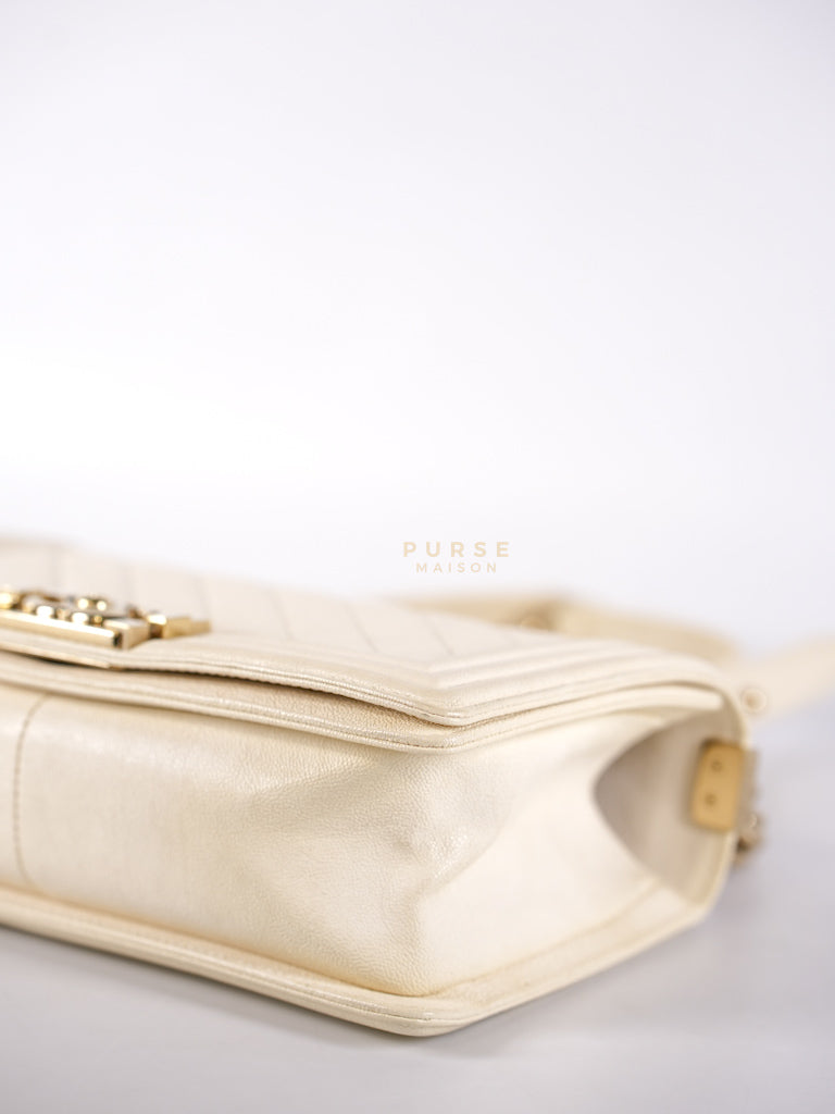 Boy Old Medium in Cream Caviar Leather and Light Gold Hardware Series 27 | Purse Maison Luxury Bags Shop