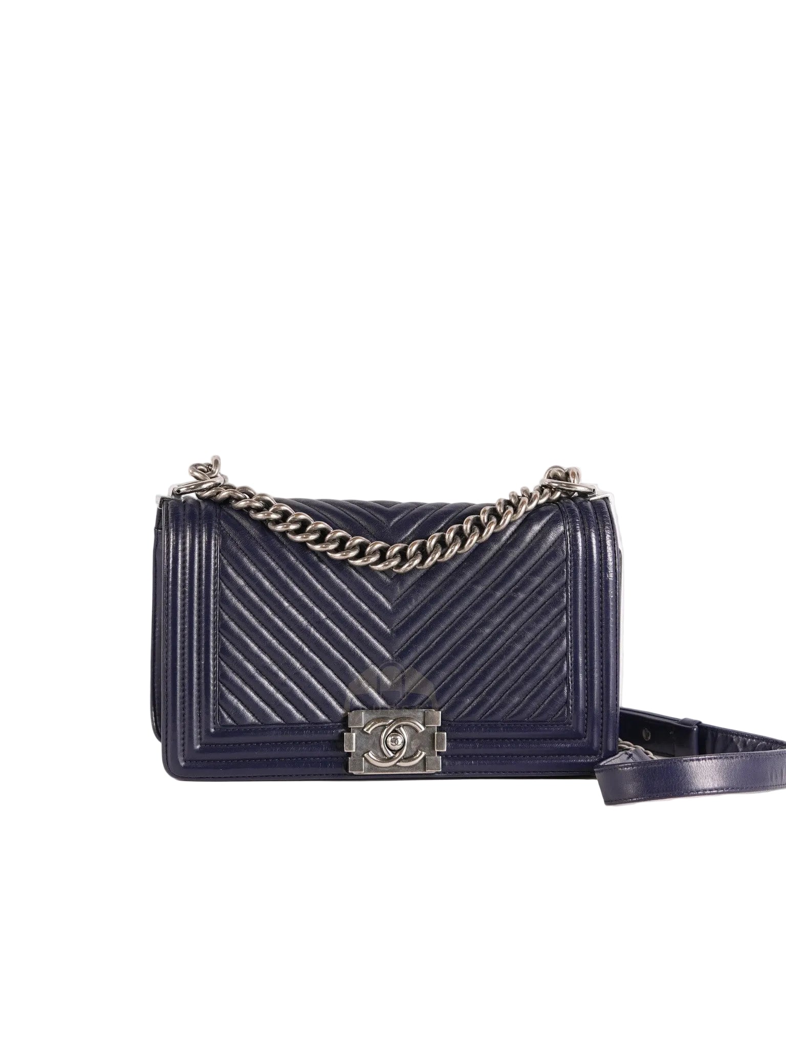 Boy Old Medium in Dark Blue Chevron Lambskin Leather Ruthenium Hardware (Series 20) | Purse Maison Luxury Bags Shop