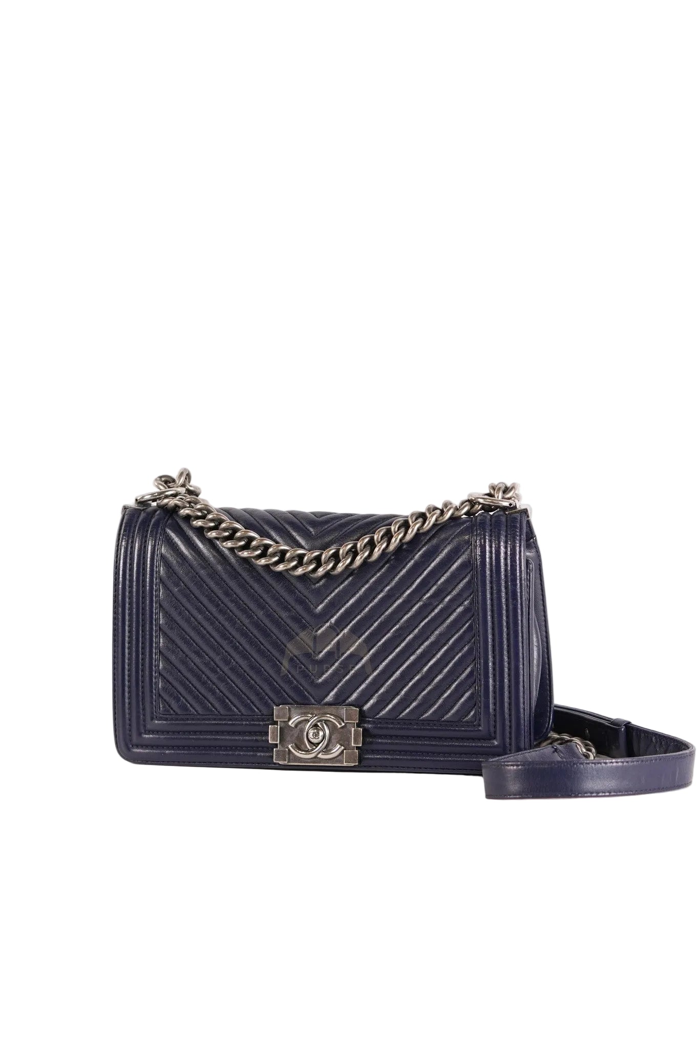 Boy Old Medium in Dark Blue Chevron Lambskin Leather Ruthenium Hardware (Series 20) | Purse Maison Luxury Bags Shop