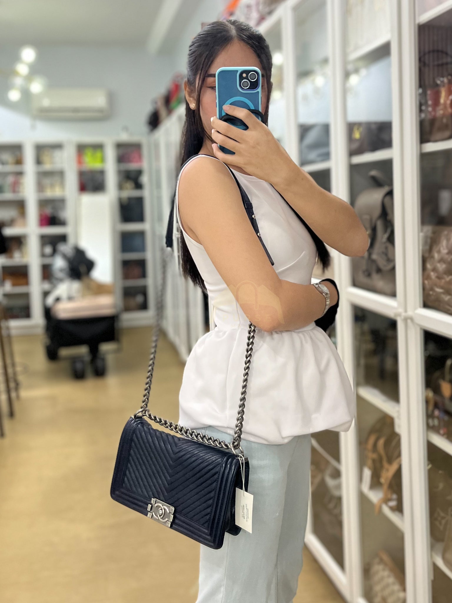 Boy Old Medium in Dark Blue Chevron Lambskin Leather Ruthenium Hardware (Series 20) | Purse Maison Luxury Bags Shop