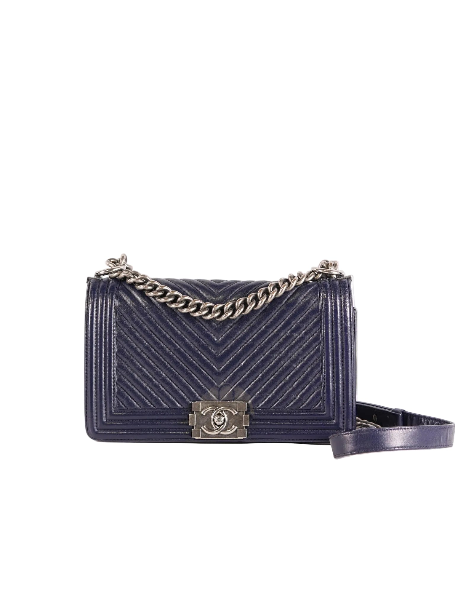 Boy Old Medium in Dark Blue Chevron Lambskin Leather Ruthenium Hardware (Series 20) | Purse Maison Luxury Bags Shop