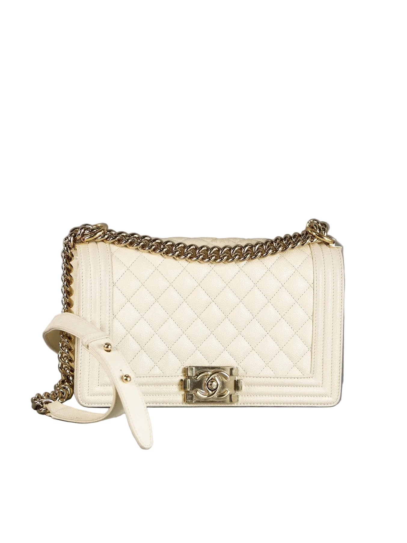 Boy Old Medium in Off White Caviar Leather and Light Gold Hardware (Microchip) | Purse Maison Luxury Bags Shop