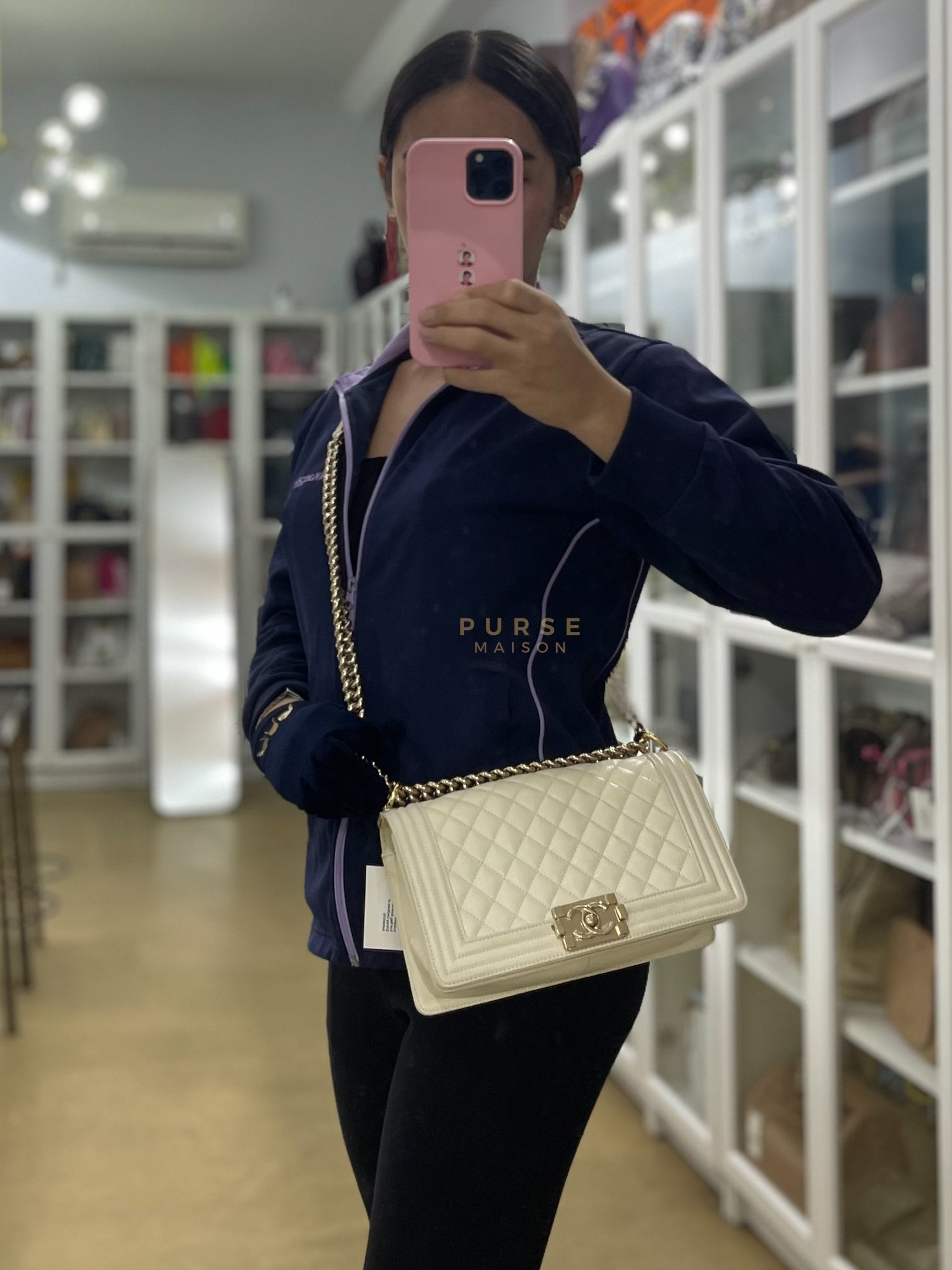 Boy Old Medium in Off White Caviar Leather and Light Gold Hardware (Microchip) | Purse Maison Luxury Bags Shop