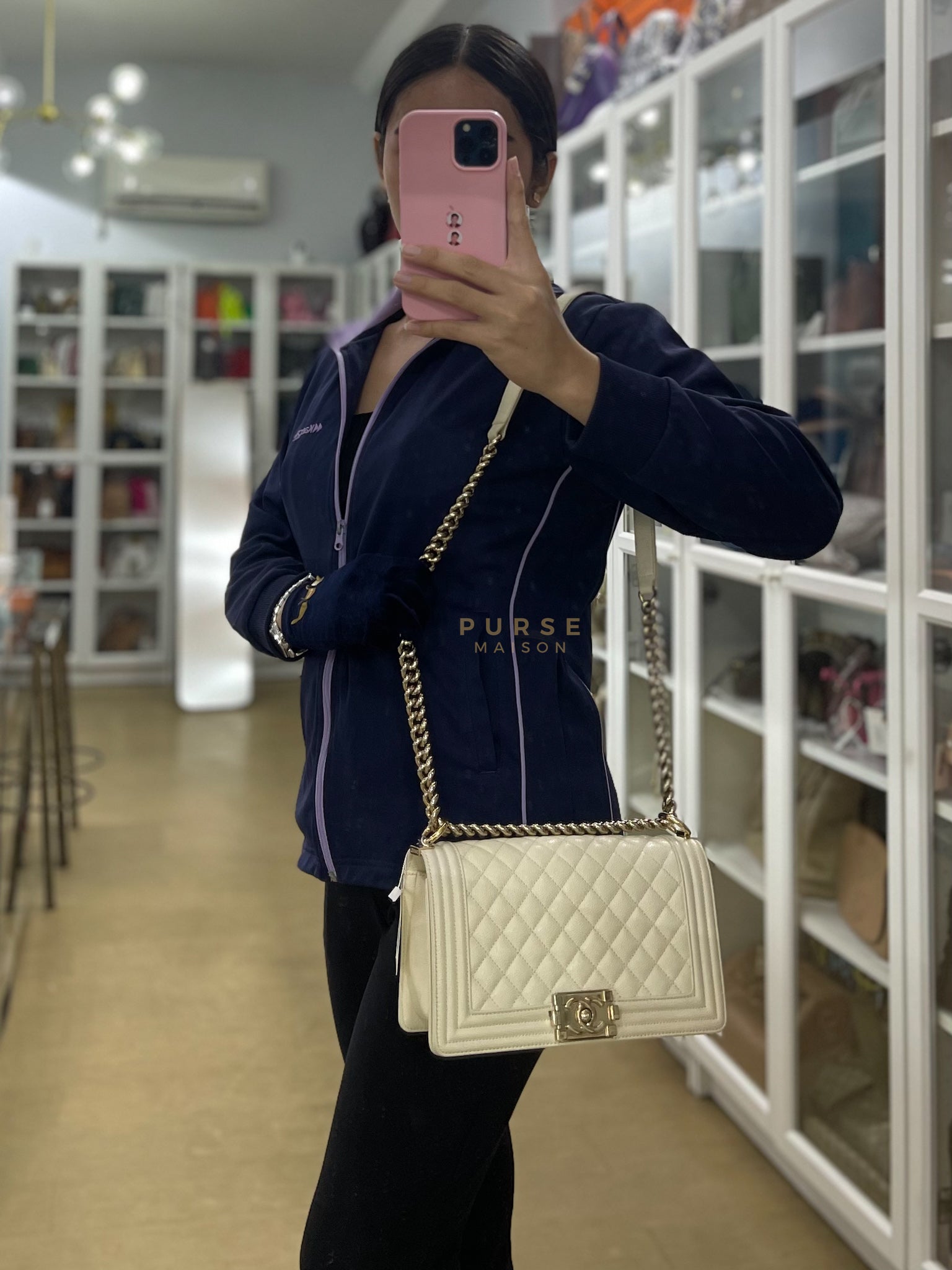 Boy Old Medium in Off White Caviar Leather and Light Gold Hardware (Microchip) | Purse Maison Luxury Bags Shop