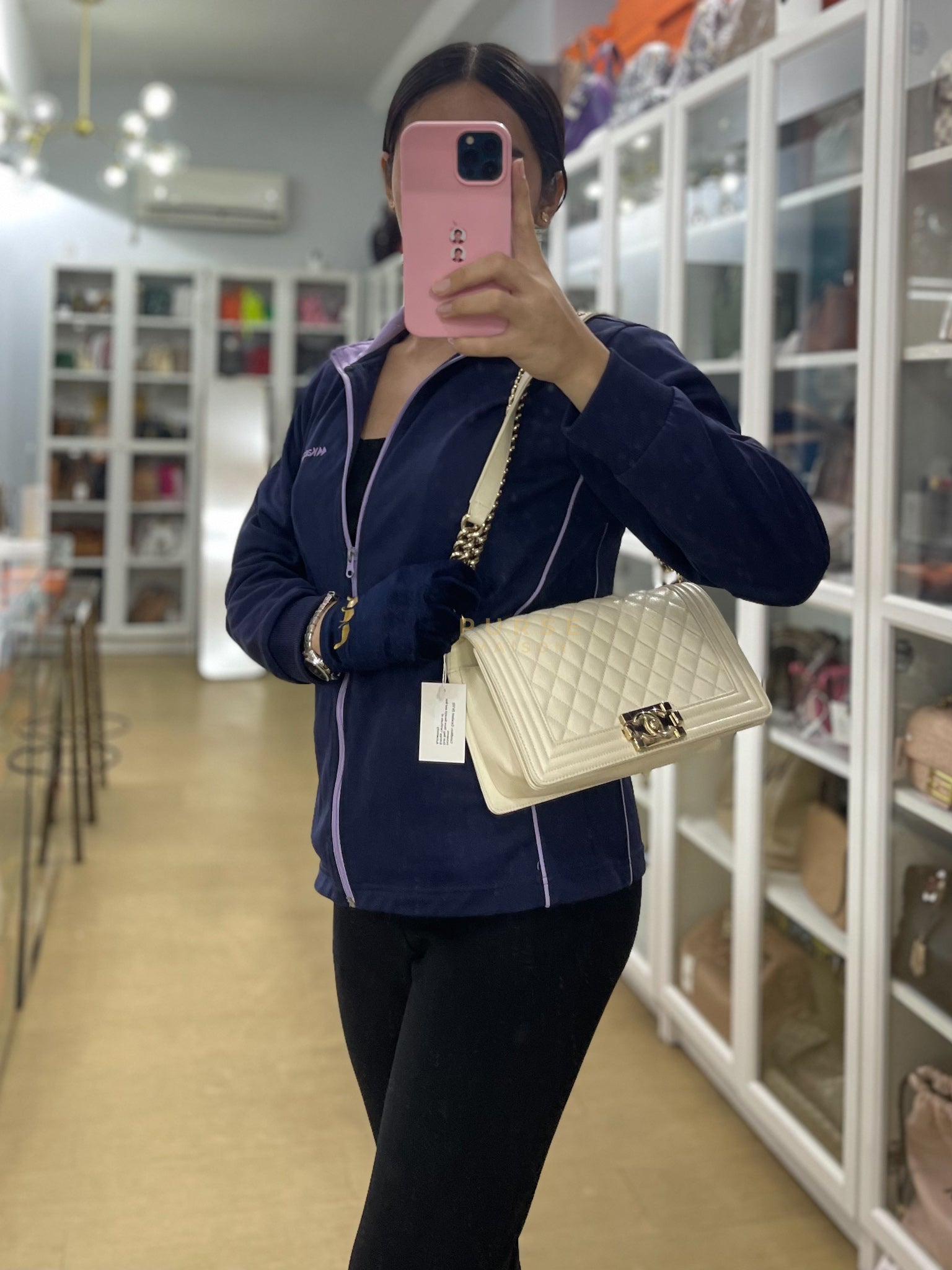 Boy Old Medium in Off White Caviar Leather and Light Gold Hardware (Microchip) | Purse Maison Luxury Bags Shop