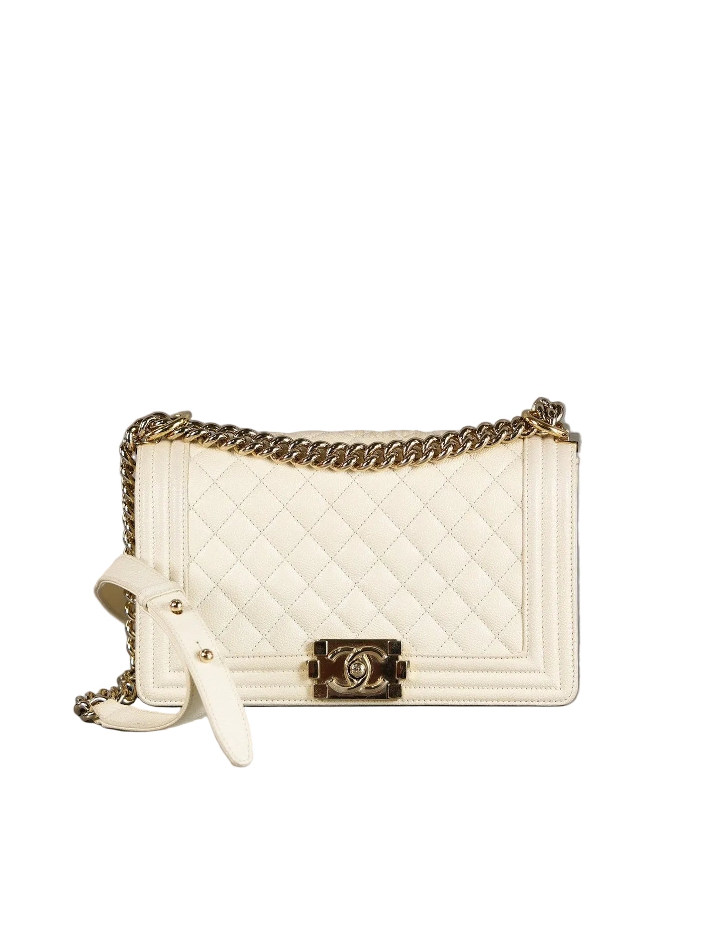 Boy Old Medium in Off White Caviar Leather and Light Gold Hardware (Microchip) | Purse Maison Luxury Bags Shop
