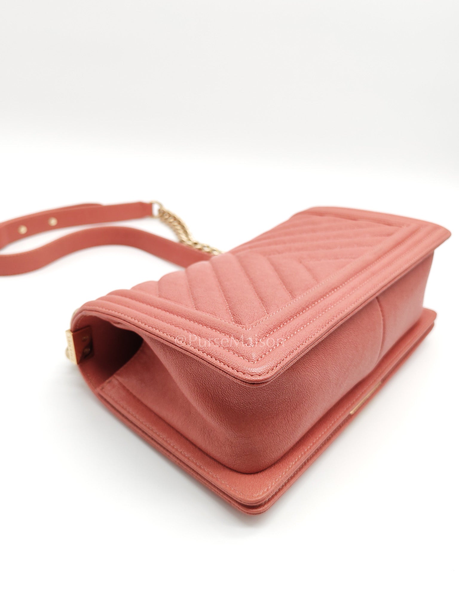 Boy Old Medium in Salmon Pink Chevron Calfskin Leather and Champagne Hardware Series 28 | Purse Maison Luxury Bags Shop