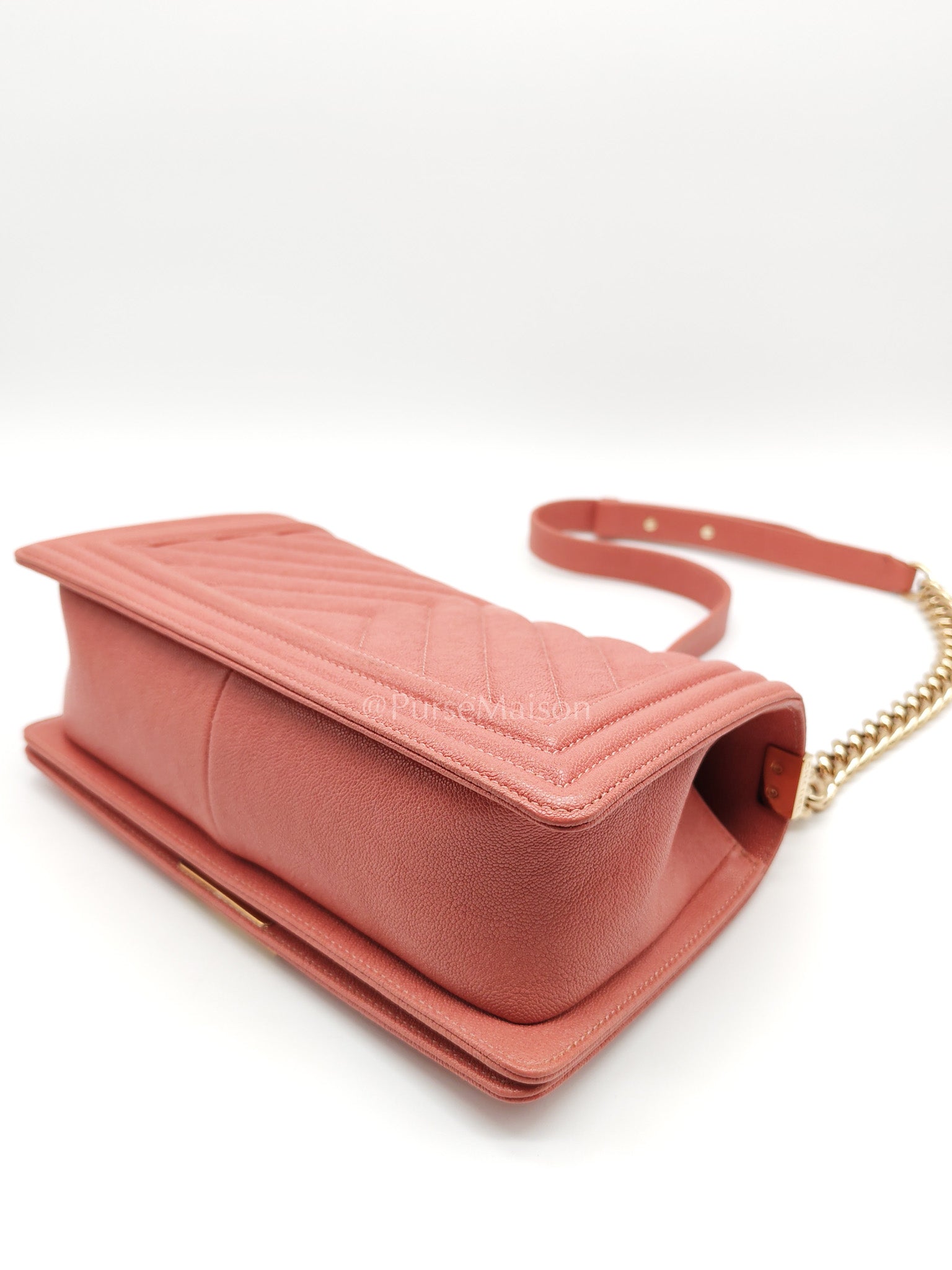 Boy Old Medium in Salmon Pink Chevron Calfskin Leather and Champagne Hardware Series 28 | Purse Maison Luxury Bags Shop