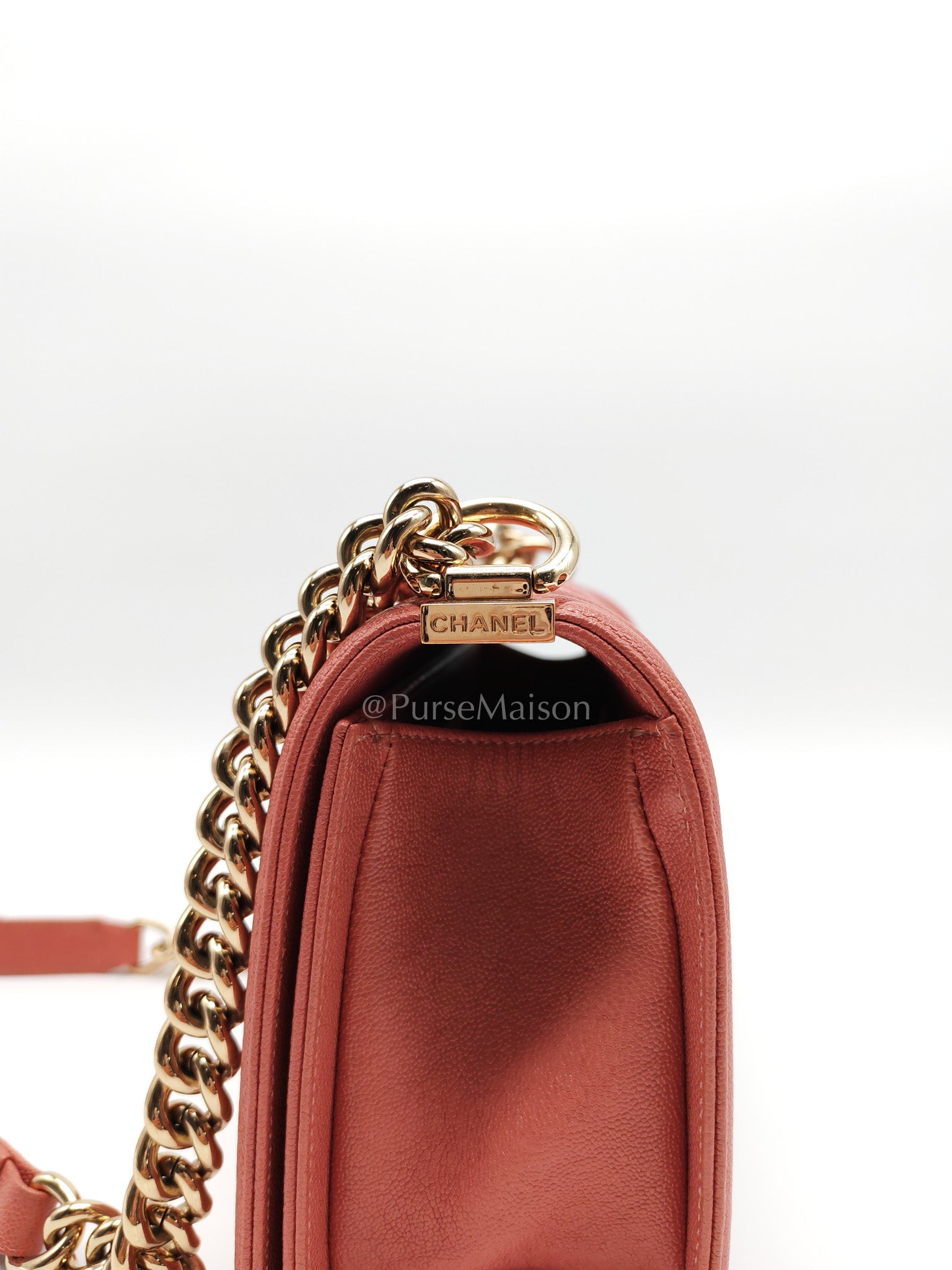 Boy Old Medium in Salmon Pink Chevron Calfskin Leather and Champagne Hardware Series 28 | Purse Maison Luxury Bags Shop
