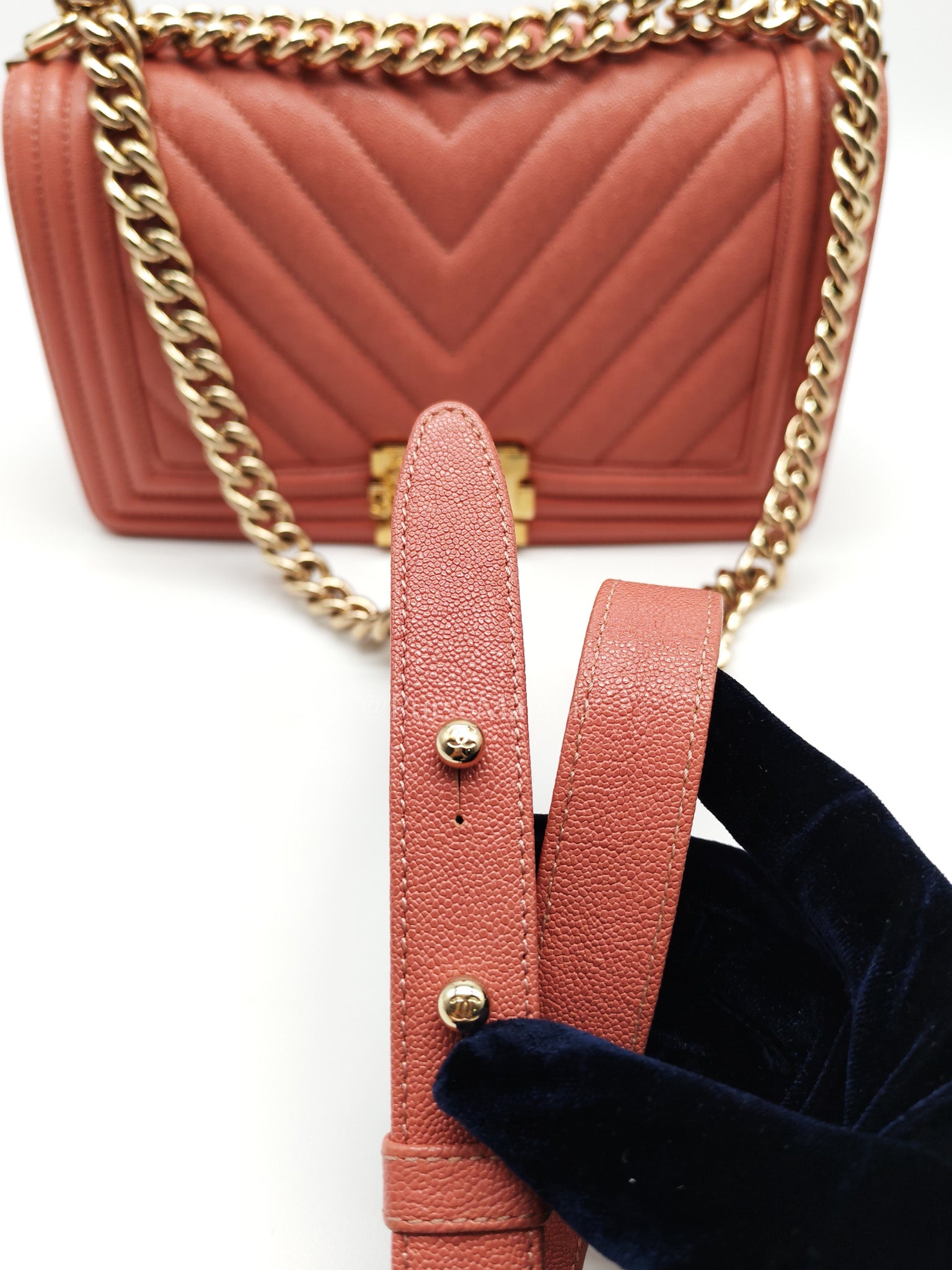 Boy Old Medium in Salmon Pink Chevron Calfskin Leather and Champagne Hardware Series 28 | Purse Maison Luxury Bags Shop